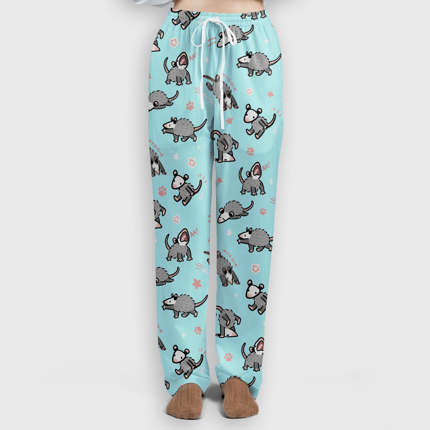 Playful Cartoon Opossum Character Pattern Scrub Set, Women's Scrub Sets