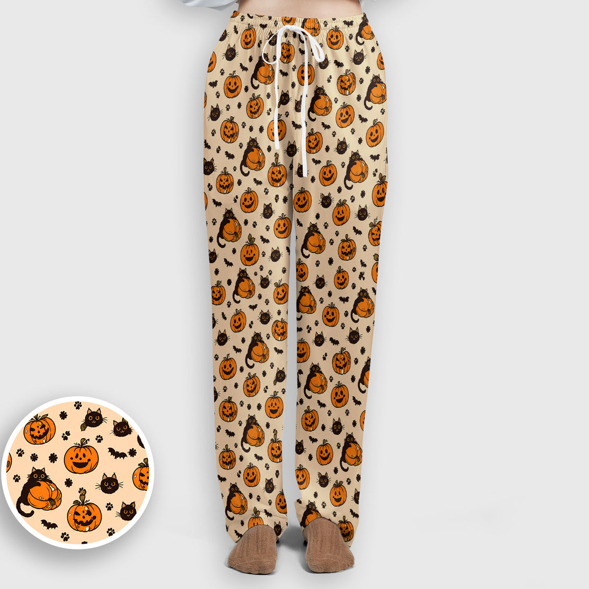 Cute Halloween Black Cat And Pumpkins Scrub Set, Scrub Pants and V Neck Top