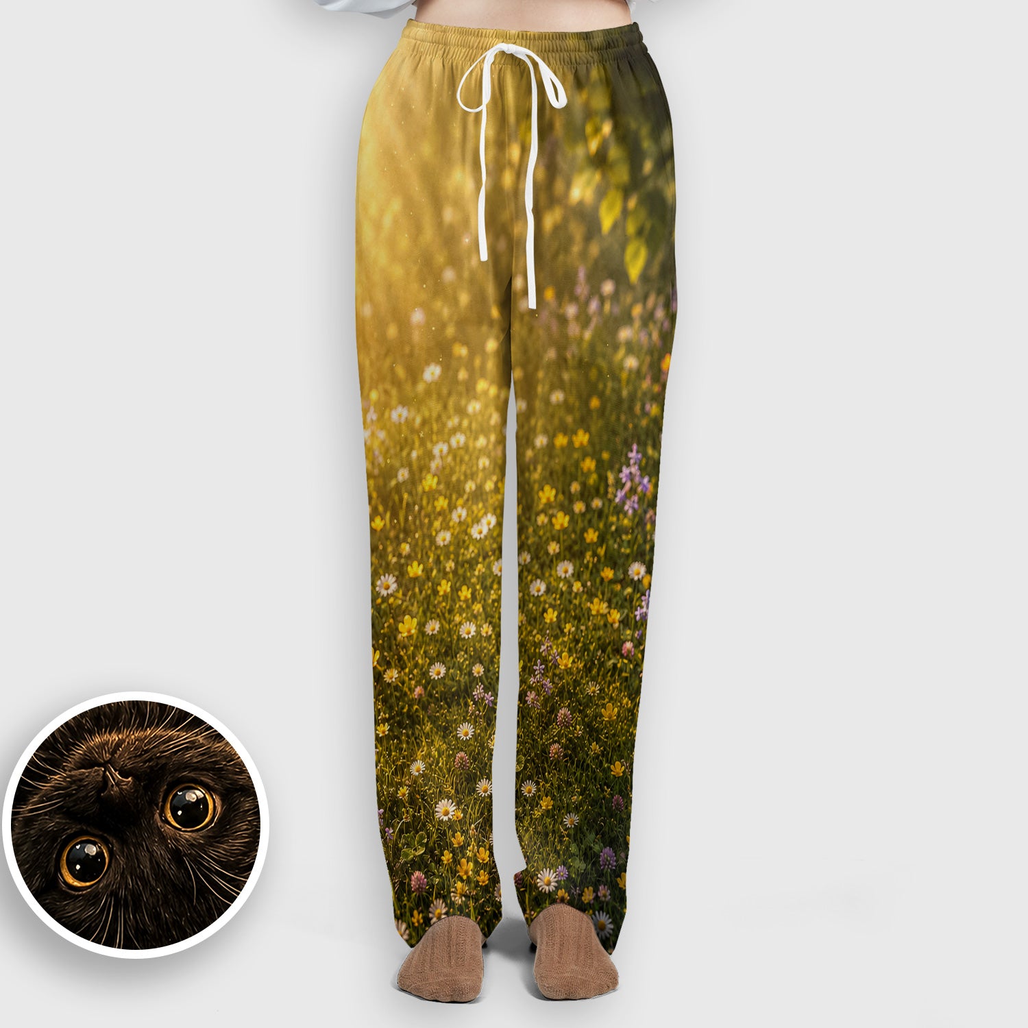 Upside Down Black Cat Meadow Pattern Scrub Set, Scrub Pants and V Neck Top
