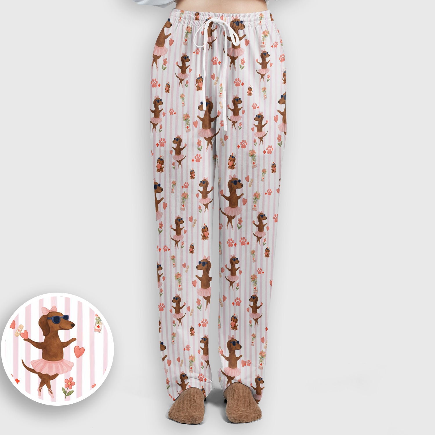 Cute Dachshund Dog Ballet Tutu Hearts Pattern Scrub Set, Scrub Pants and V Neck Top