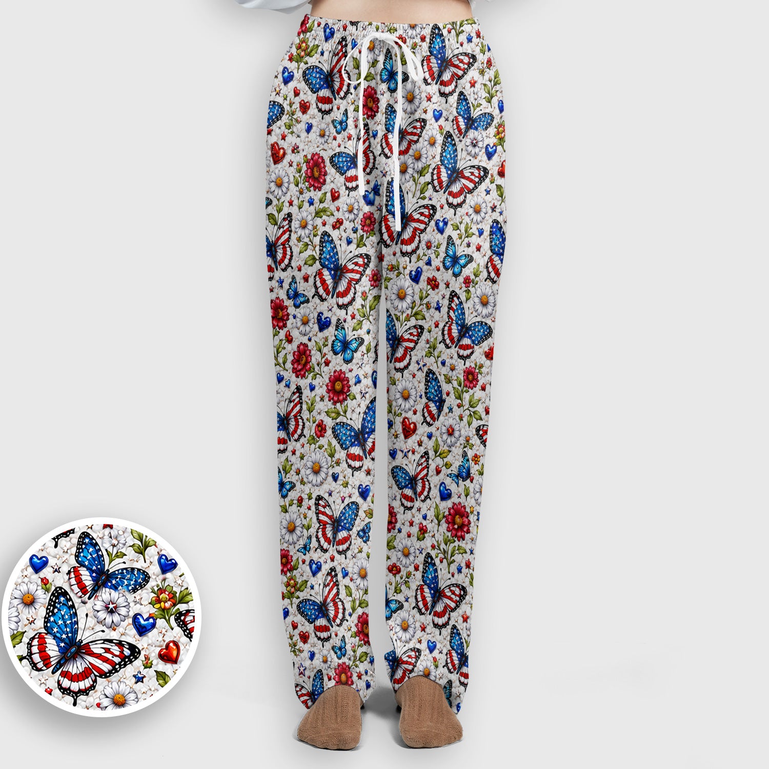 Patriotic Butterfly Daisy Heart Pattern Scrub Set, Scrub Pants and V Neck Top