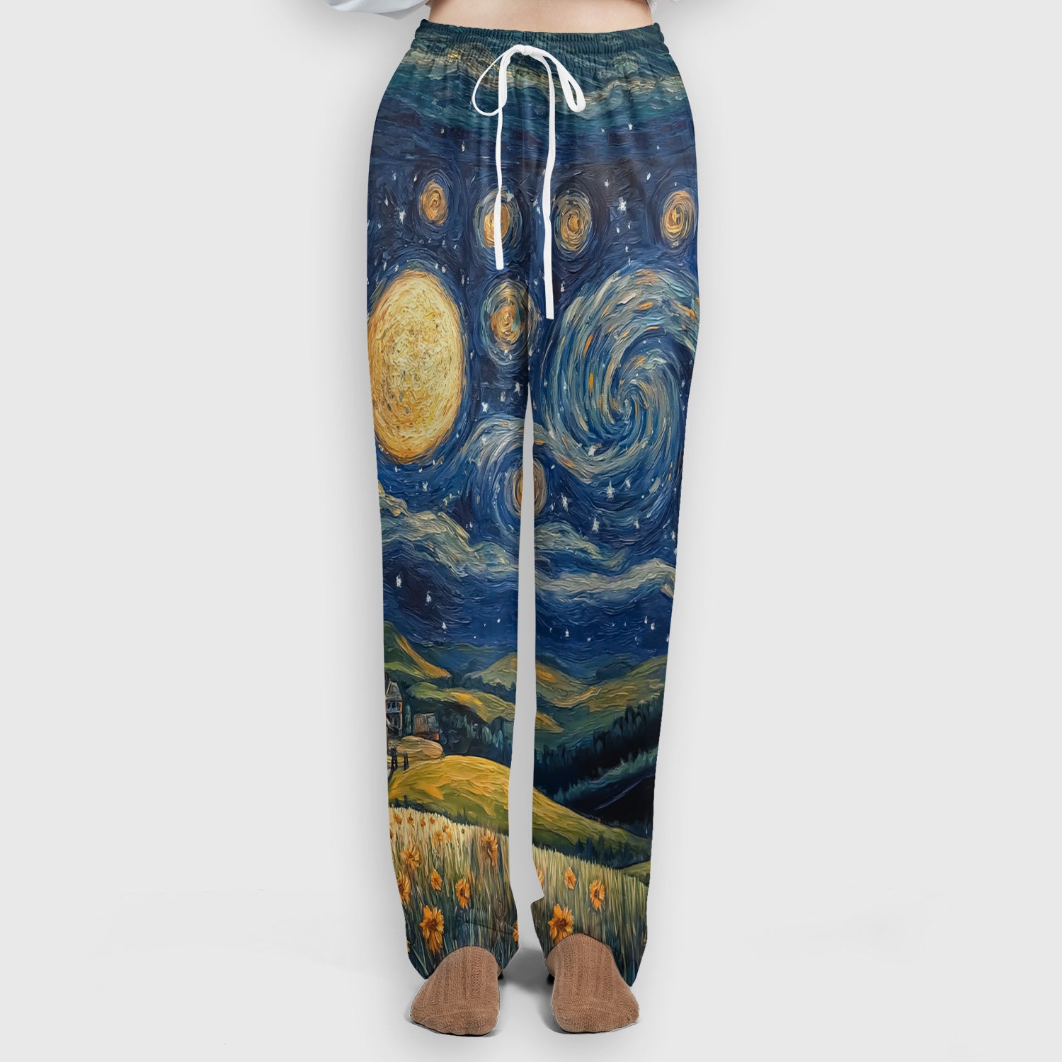 Artistic Highland Cow Starry Night Scene Pattern Scrub Set, Scrub Pants and V Neck Top
