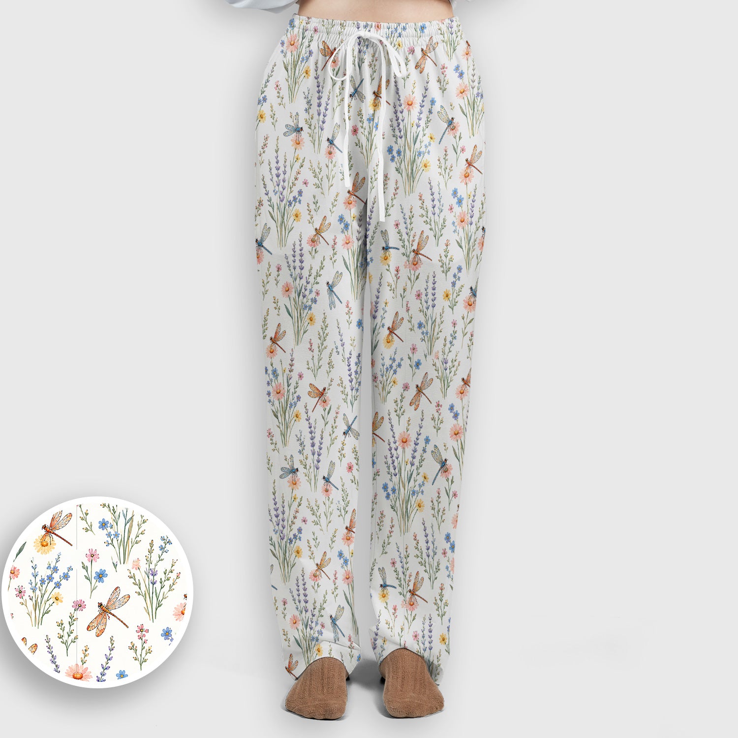 Dragonfly Wildflower Meadow Pattern Scrub Set, Scrub Pants and V Neck Top