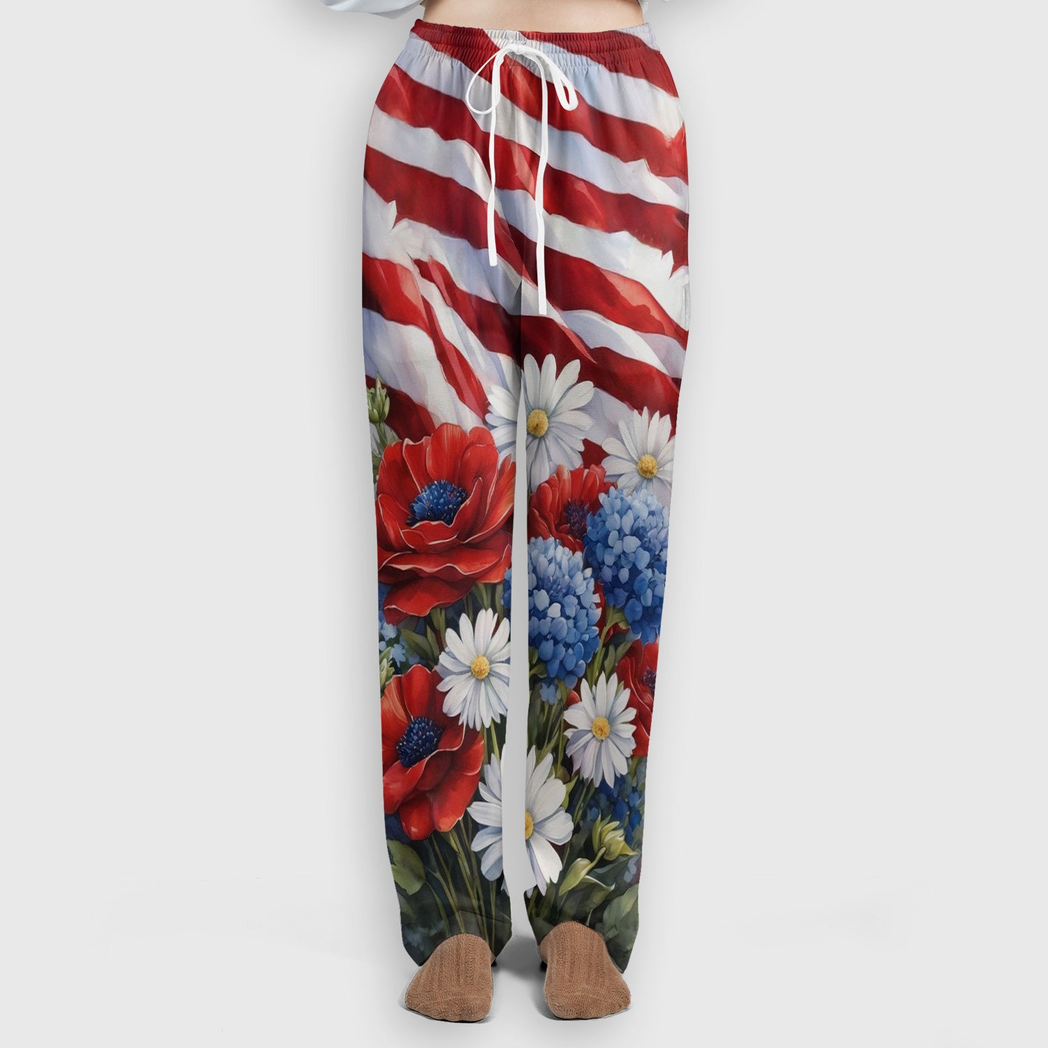 Festive US Flag Floral Bouquet Pattern Scrub Set, Scrub Pants and V Neck Top