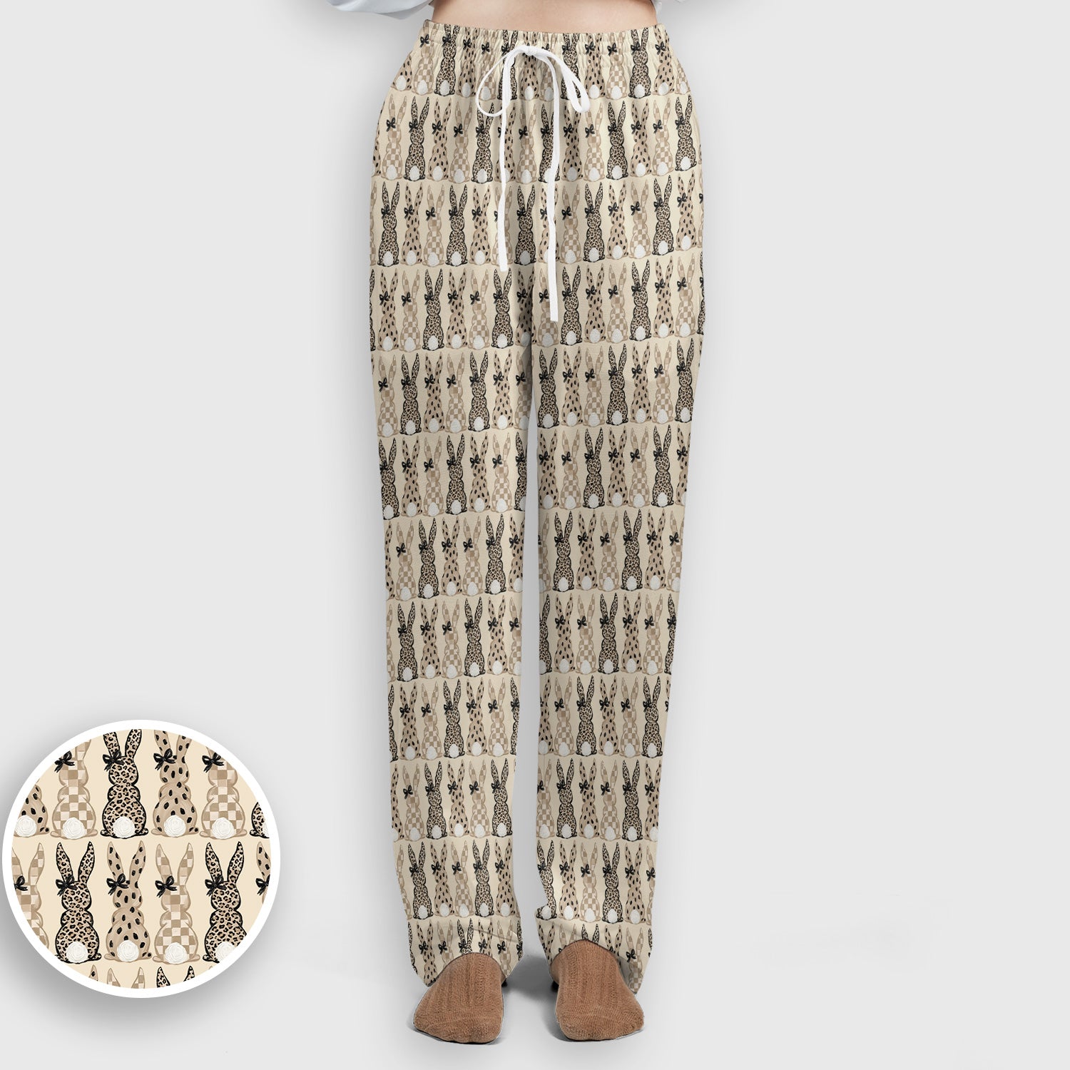 Vintage Bunny Pattern Beige Scrub Set, Scrub Pants and V Neck Top