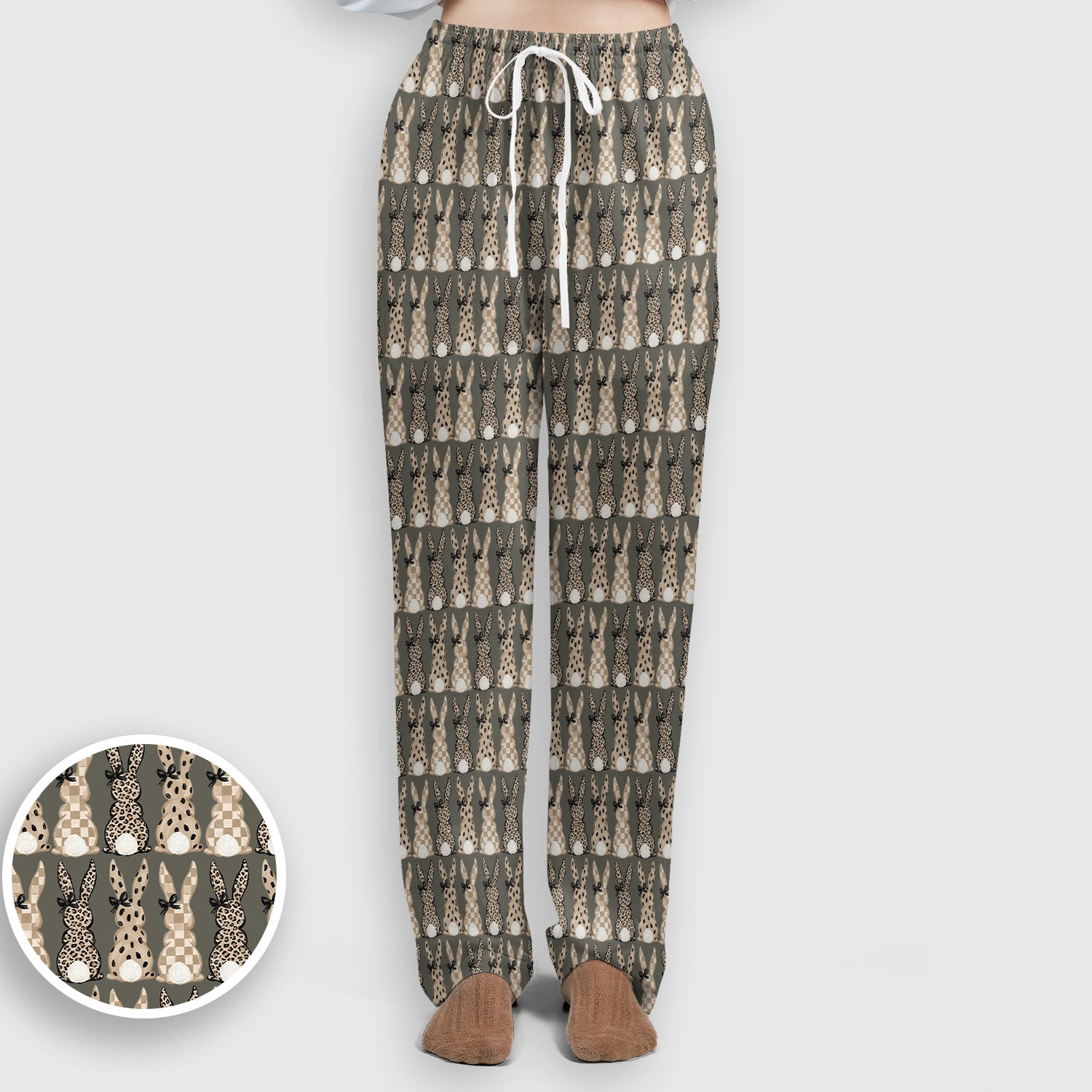 Vintage Bunny Pattern Beige Scrub Set, Scrub Pants and V Neck Top