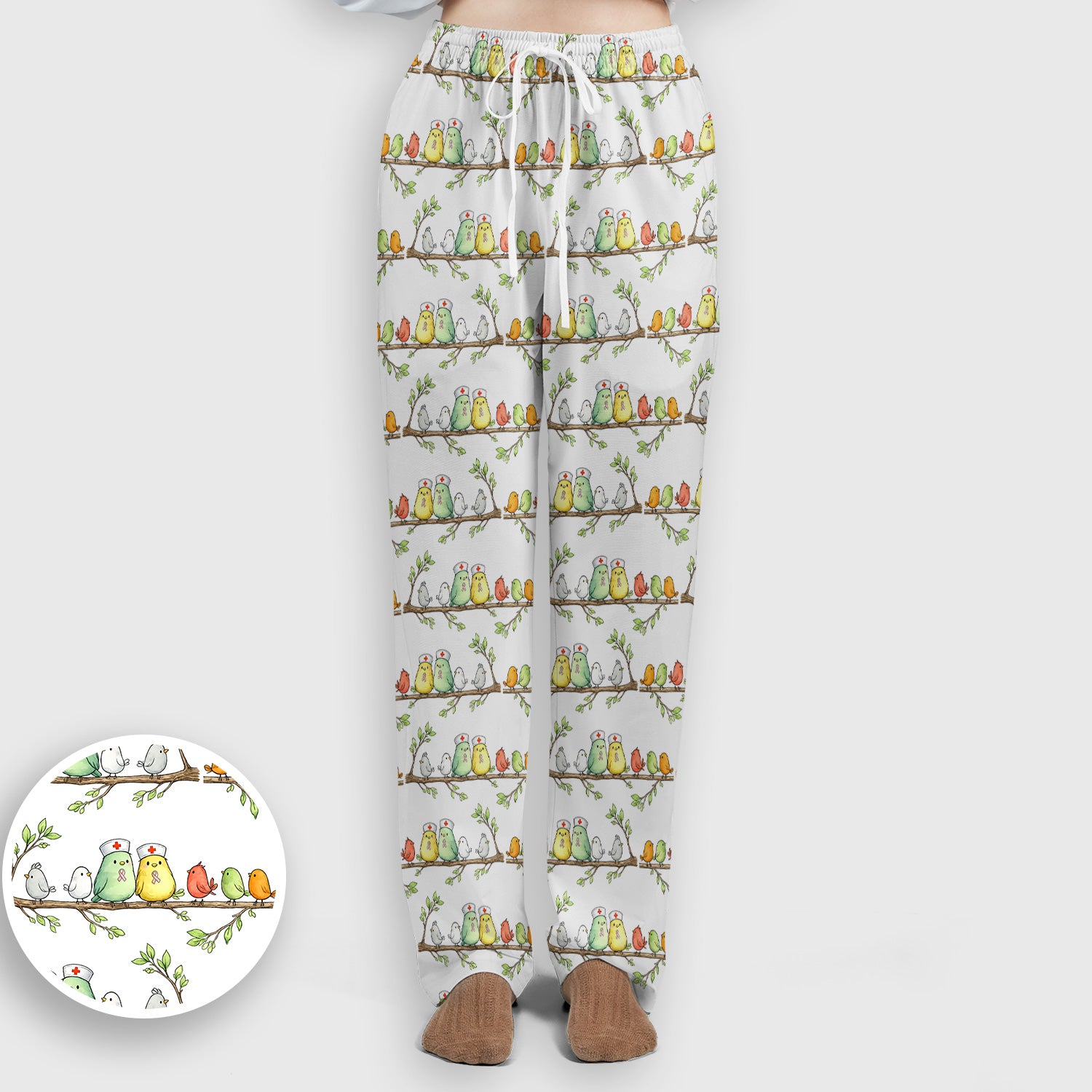 Cute Pink Ribbon Birds Scrub Set, Scrub Pants and V Neck Top
