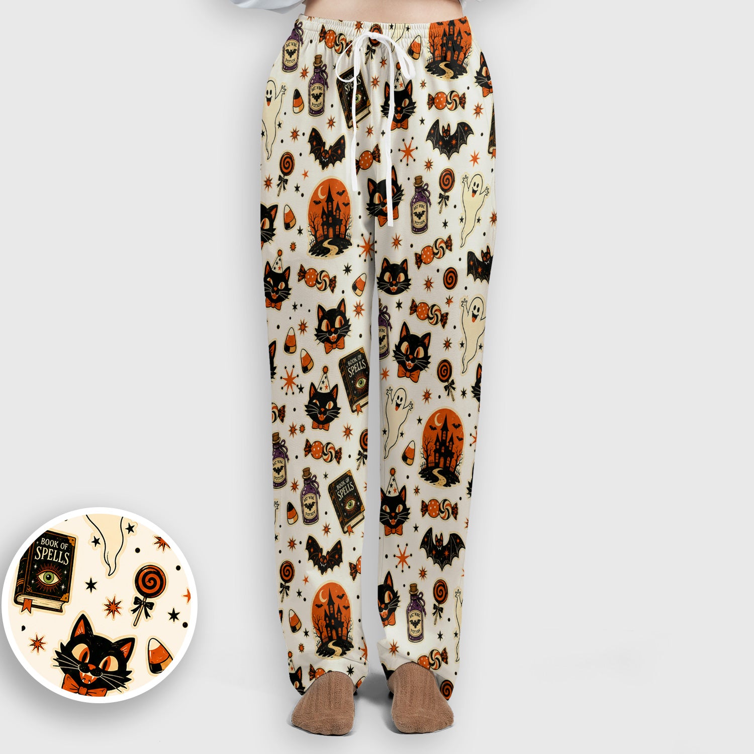 Halloween Black Cat with Ghost Candy Print Scrub Set, Scrub Pants and V Neck Top