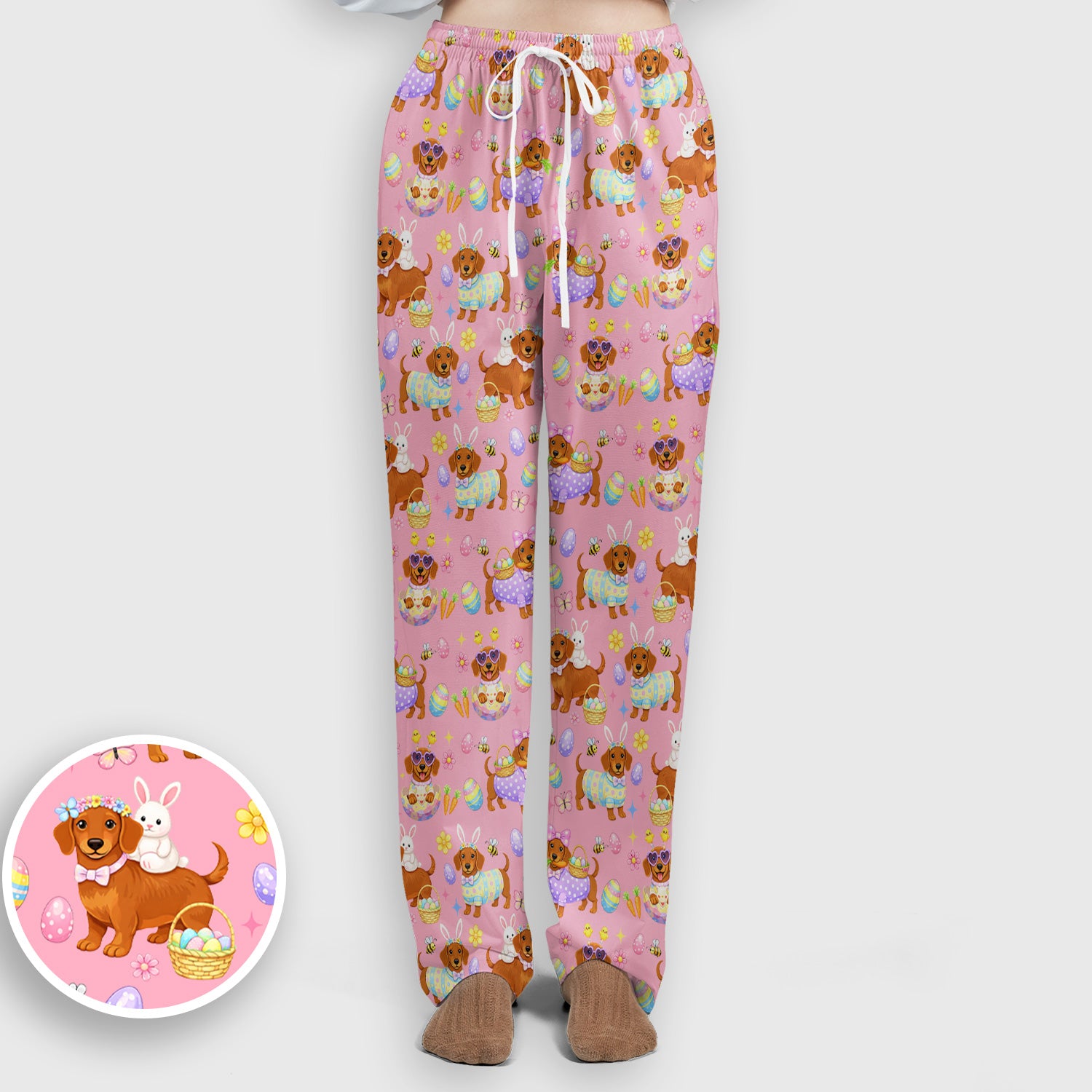 Cute Easter Dachshund Dog Pattern Scrub Set, Scrub Pants and V Neck Top