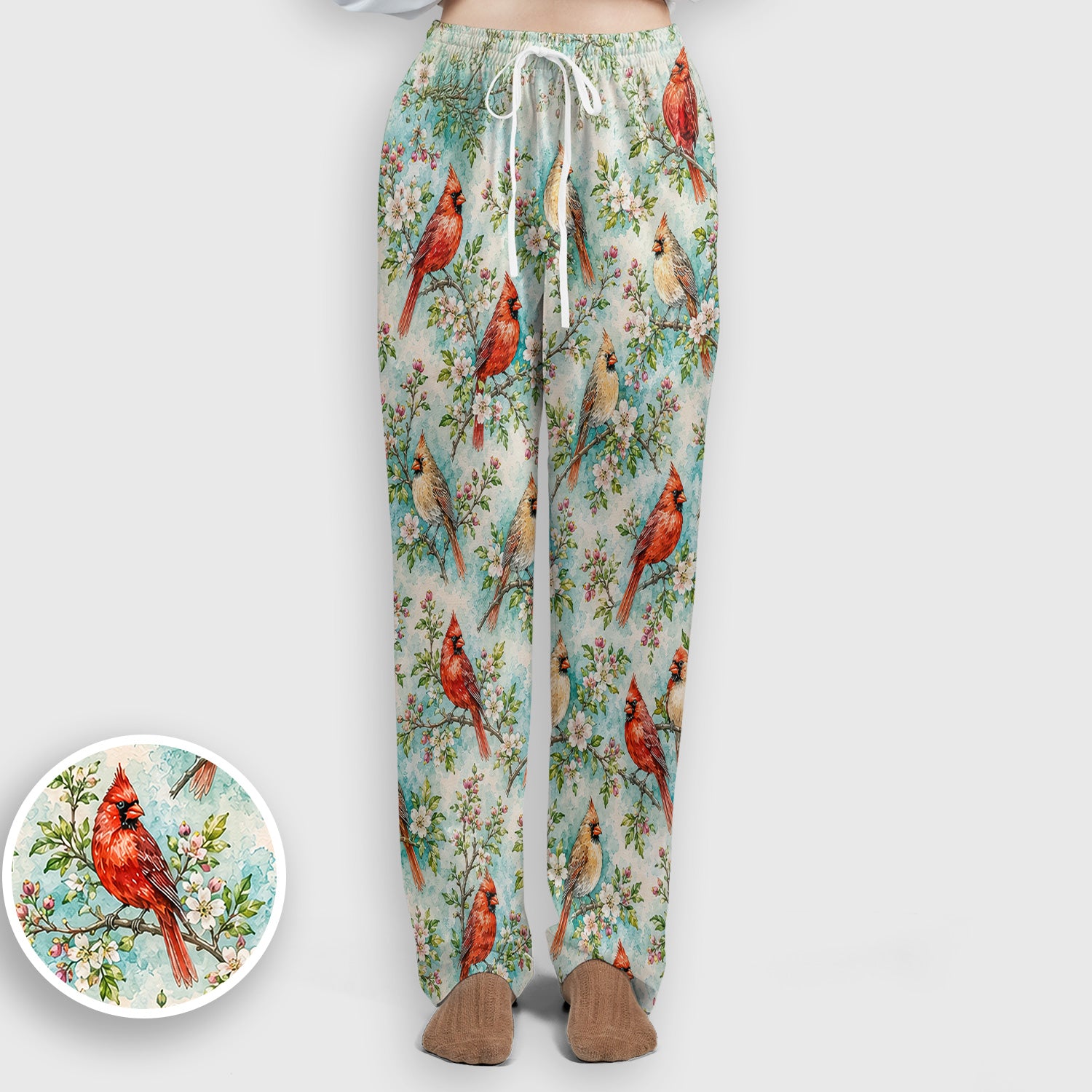 Cardinal Blossom Branch Pattern Scrub Set, Scrub Pants and V Neck Top