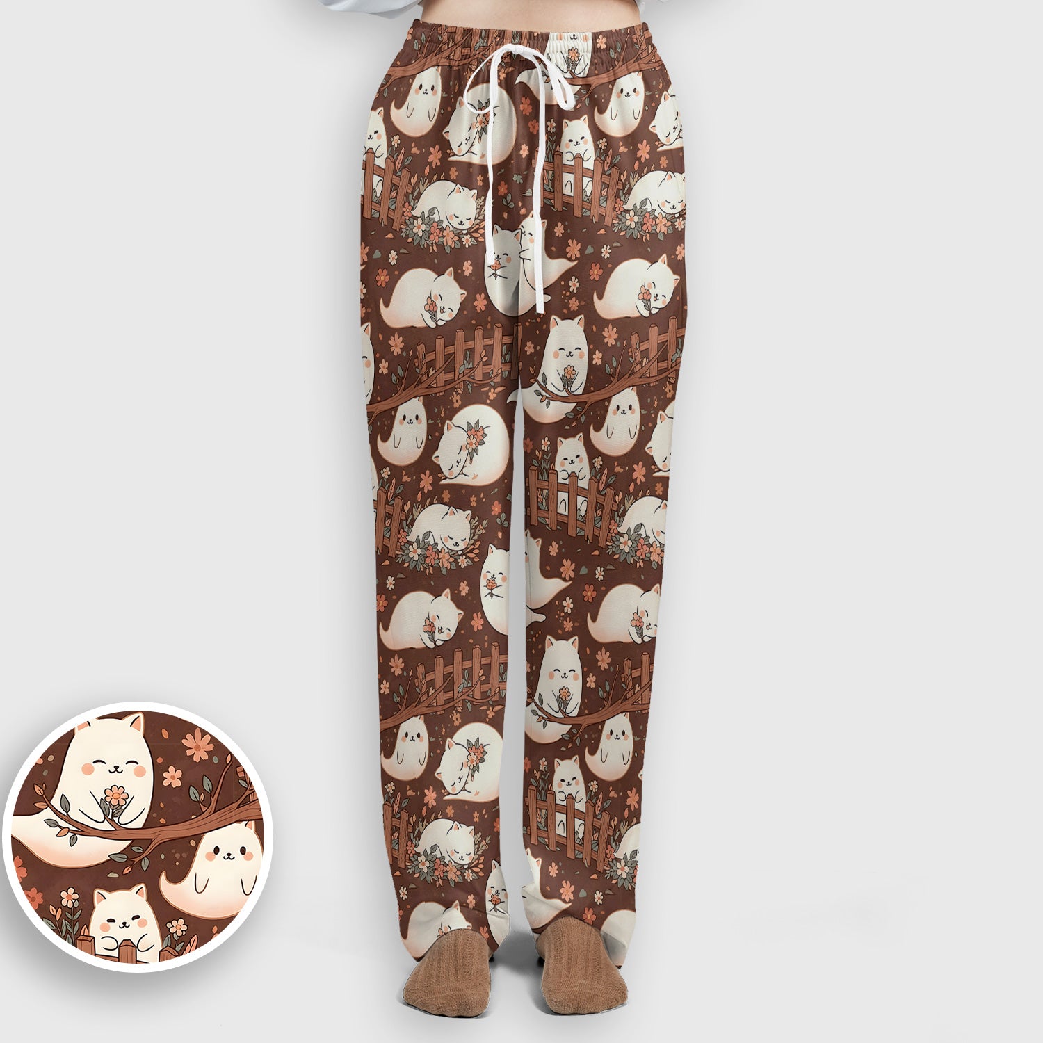 Floral Cat with Garden Fence Print Scrub Set, Scrub Pants and V Neck Top