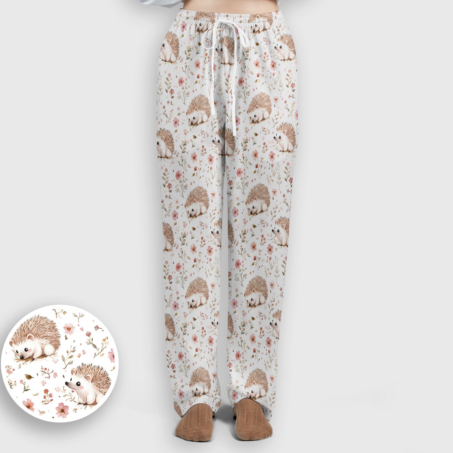 Cute Hedgehog Wildflower Garden Pattern Scrub Set, Scrub Pants and V Neck Top