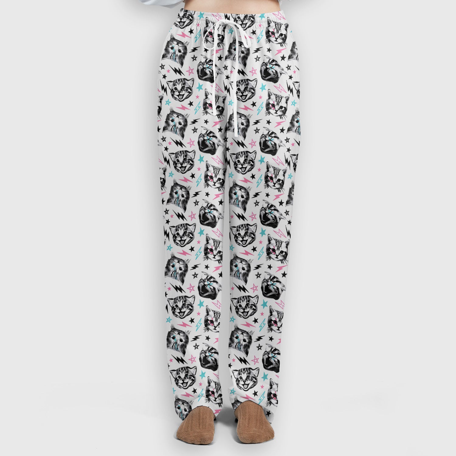 Playful Cat Faces Lightning Pattern Scrub Set, Scrub Pants and V Neck Top