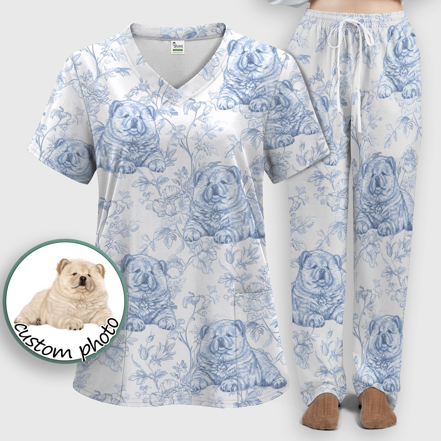 Custom Dog Cat Style Chinoiserie Pattern Scrubs Sets, Scrub Pants and V Neck Top