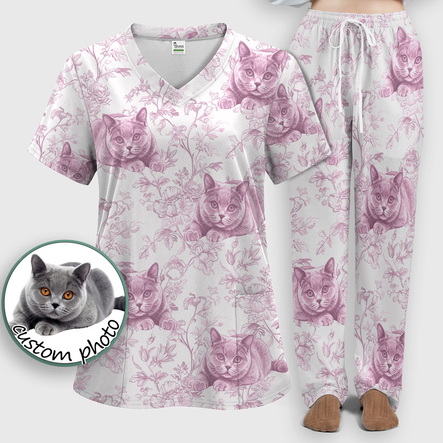 Custom Dog Cat Style Chinoiserie Pattern Scrubs Sets, Scrub Pants and V Neck Top