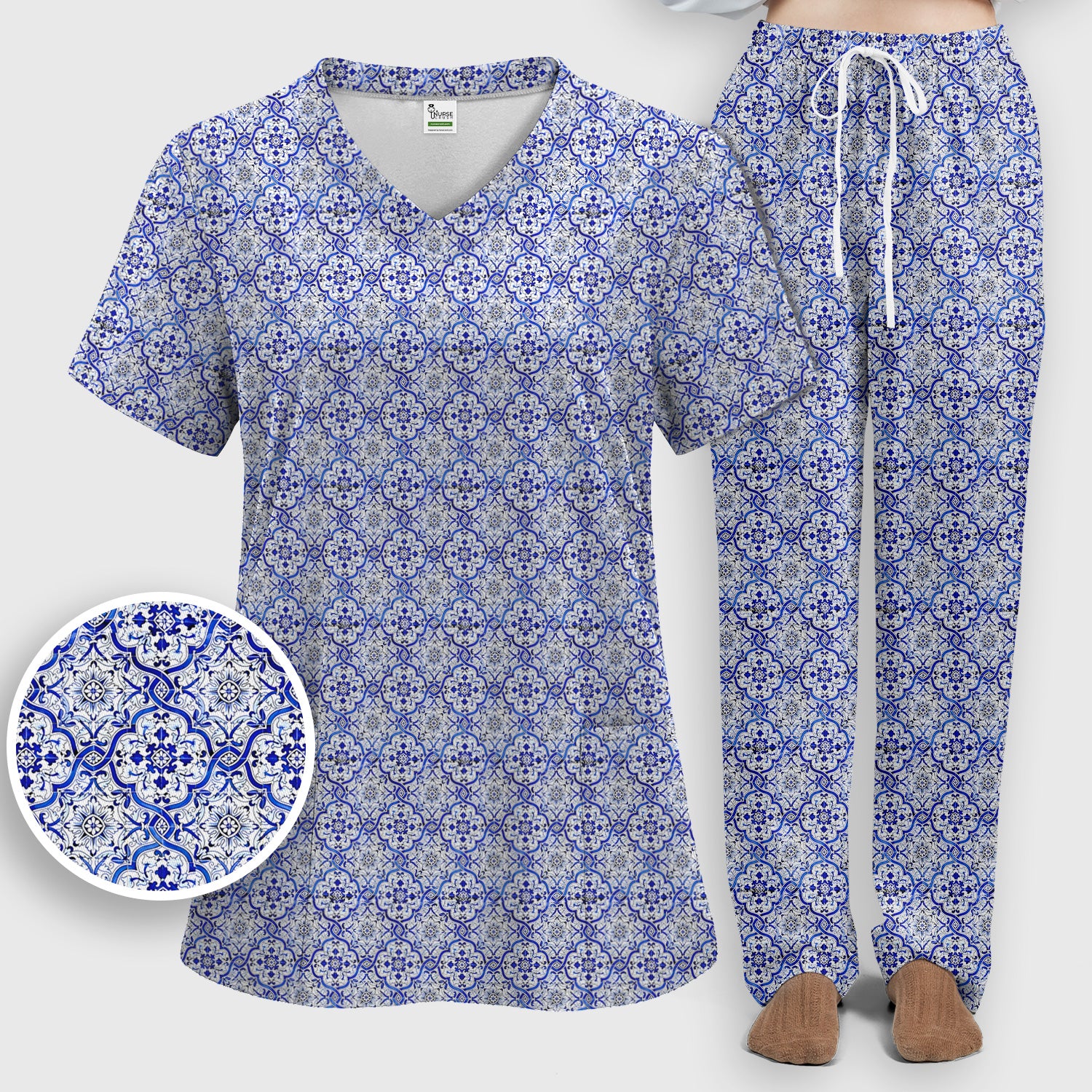 Blue Vintage Tile Floral Pattern Scrub Set, Women's Scrub Sets