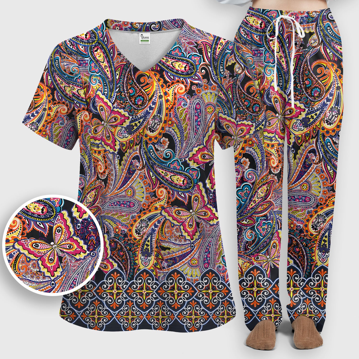 Colorful Bohemian Paisley Floral Pattern Scrub Set, Scrub Pants and V Neck Top