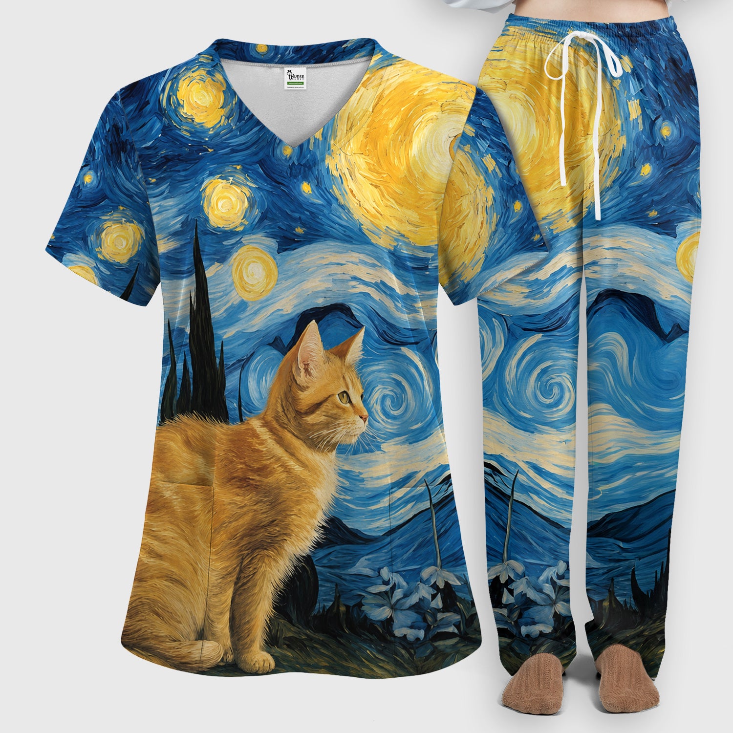 Swirling Moonlit Cat Scene Print Scrub Set, Scrub Pants and V Neck Top