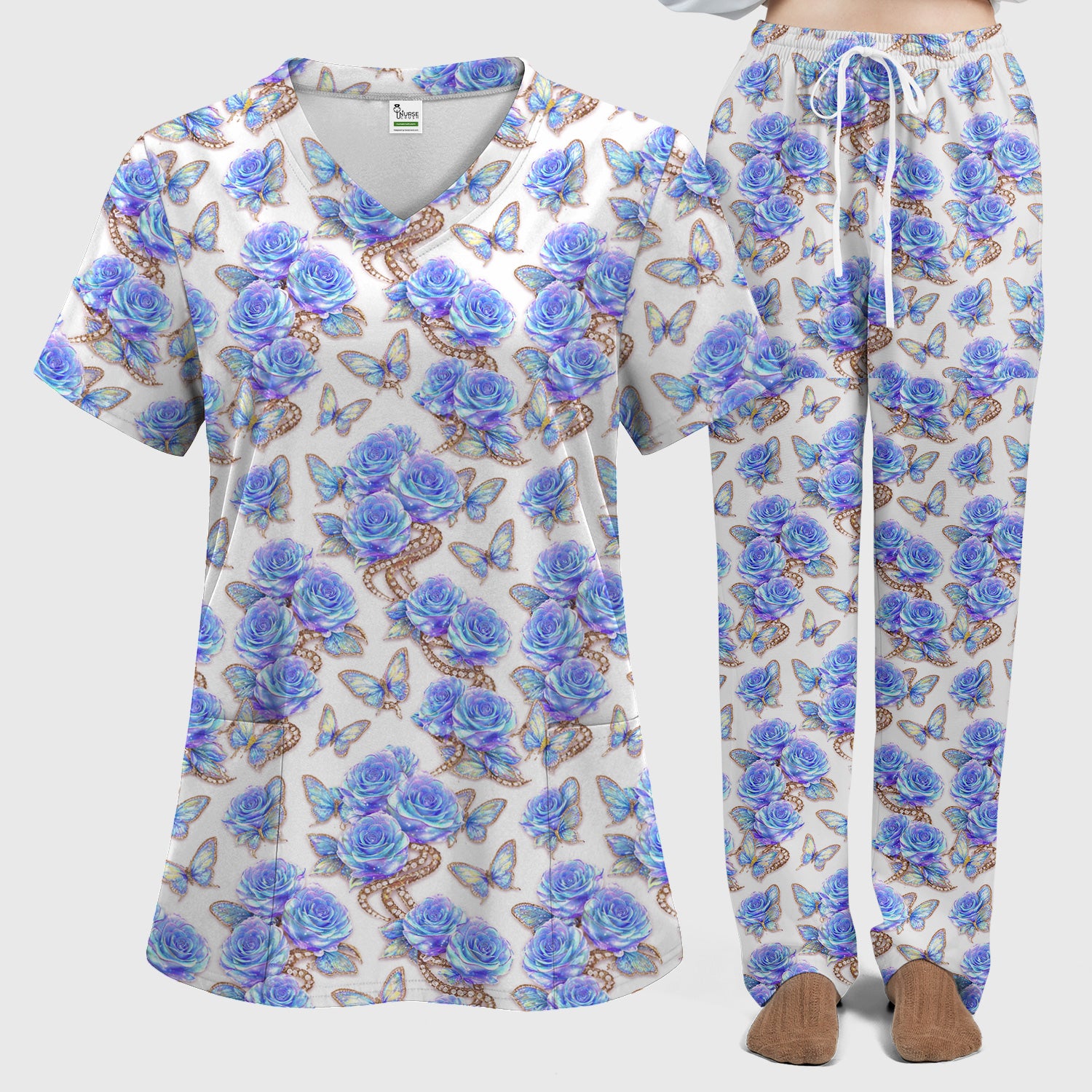 Elegant Blue Rose Floral Print Scrub Set, Scrub Pants and V Neck Top