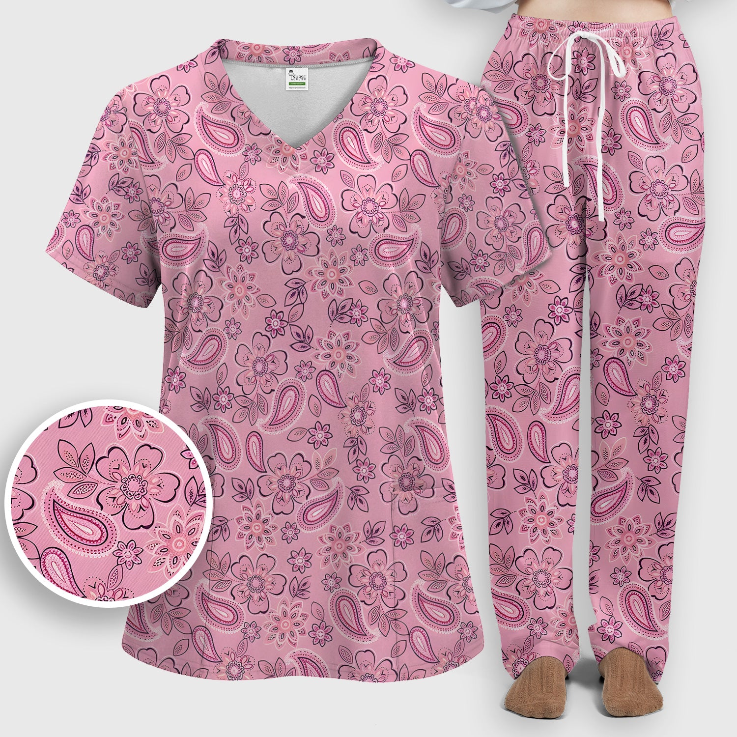 Pink Paisley Floral Nurse Pattern Scrub Set, Scrub Pants and V Neck Top