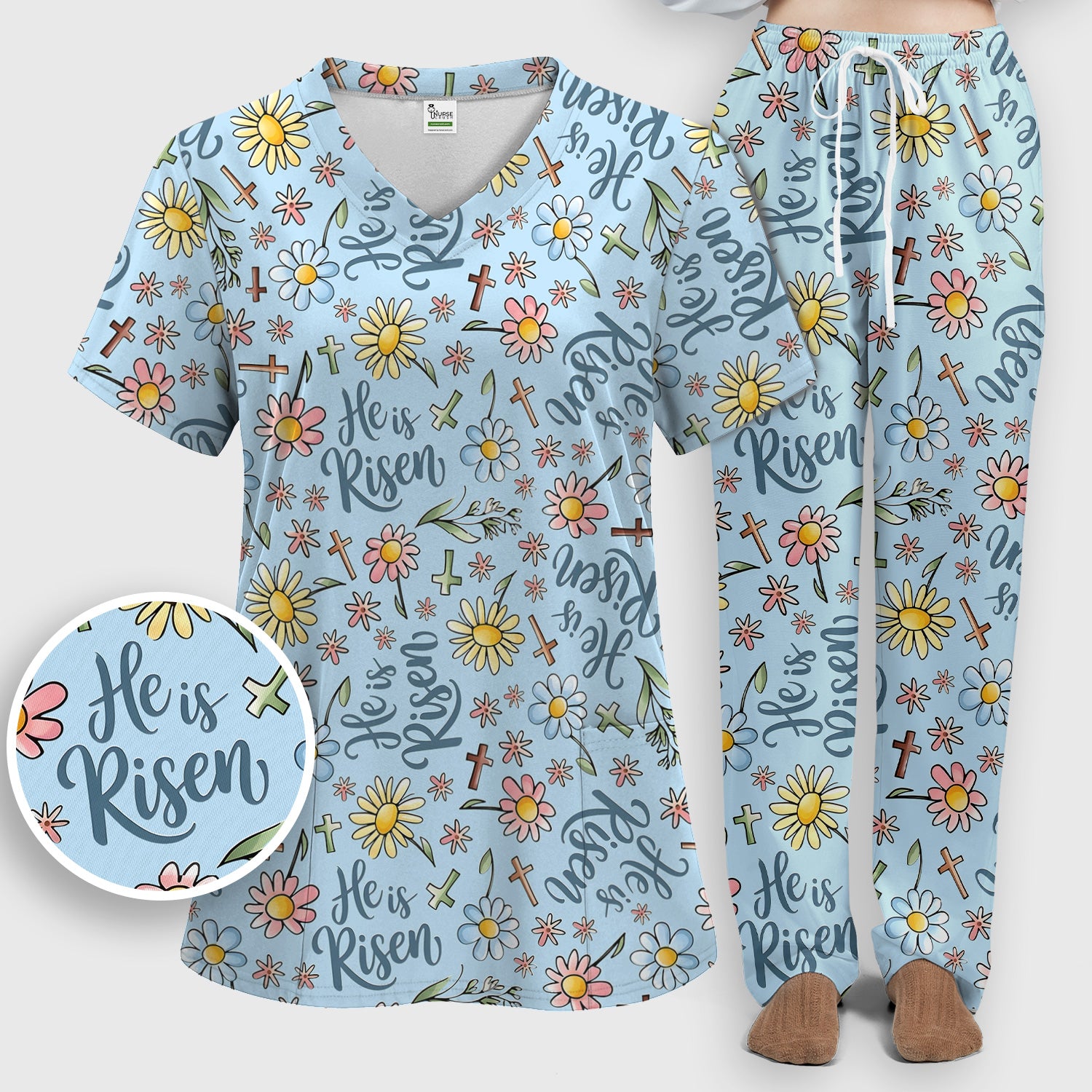 He Is Risen Cross Flower Pattern Scrub Set, Nurse Uniform Scrubs Set
