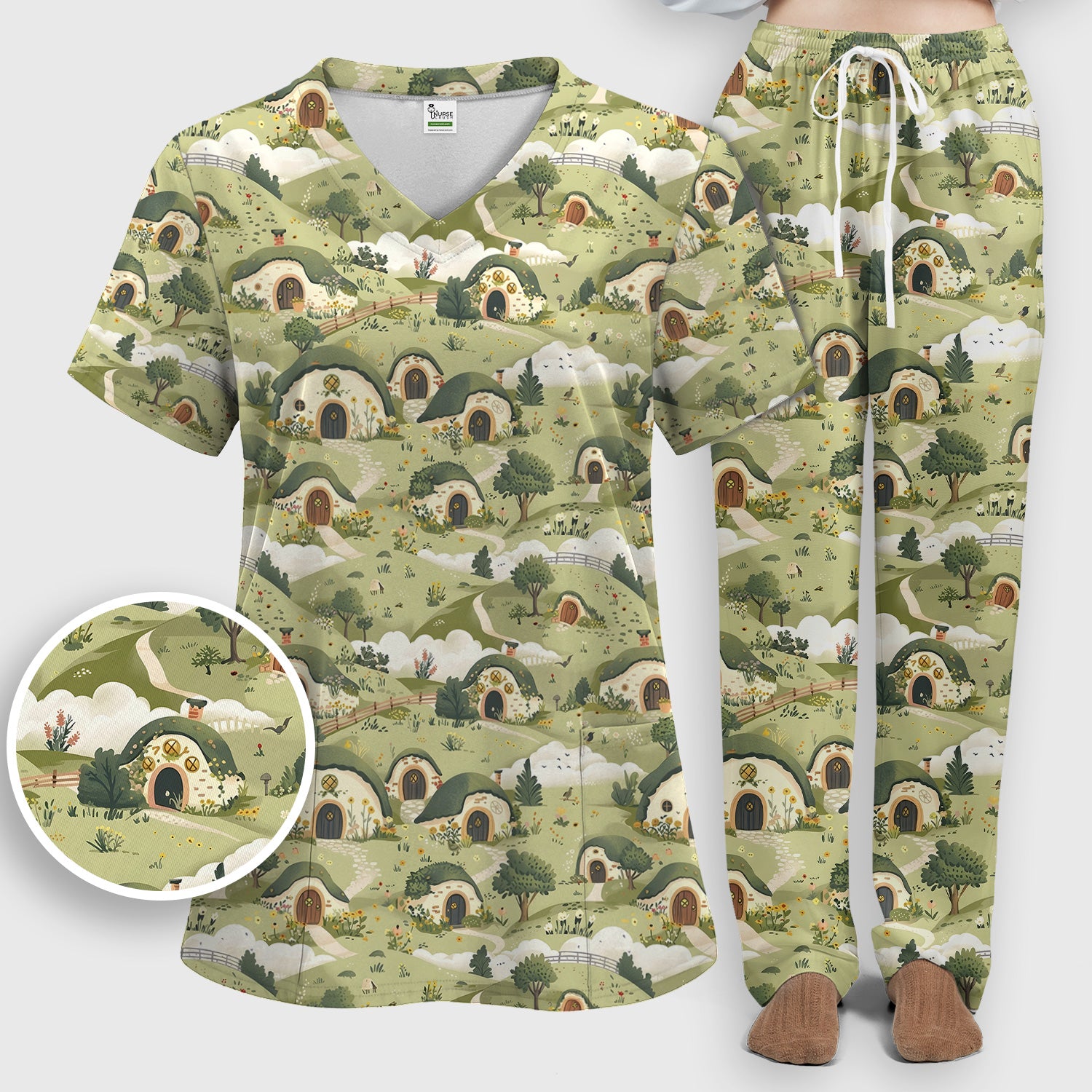 Cozy Hobbit Village Landscape Pattern Scrub Set, Scrub Pants and V Neck Top