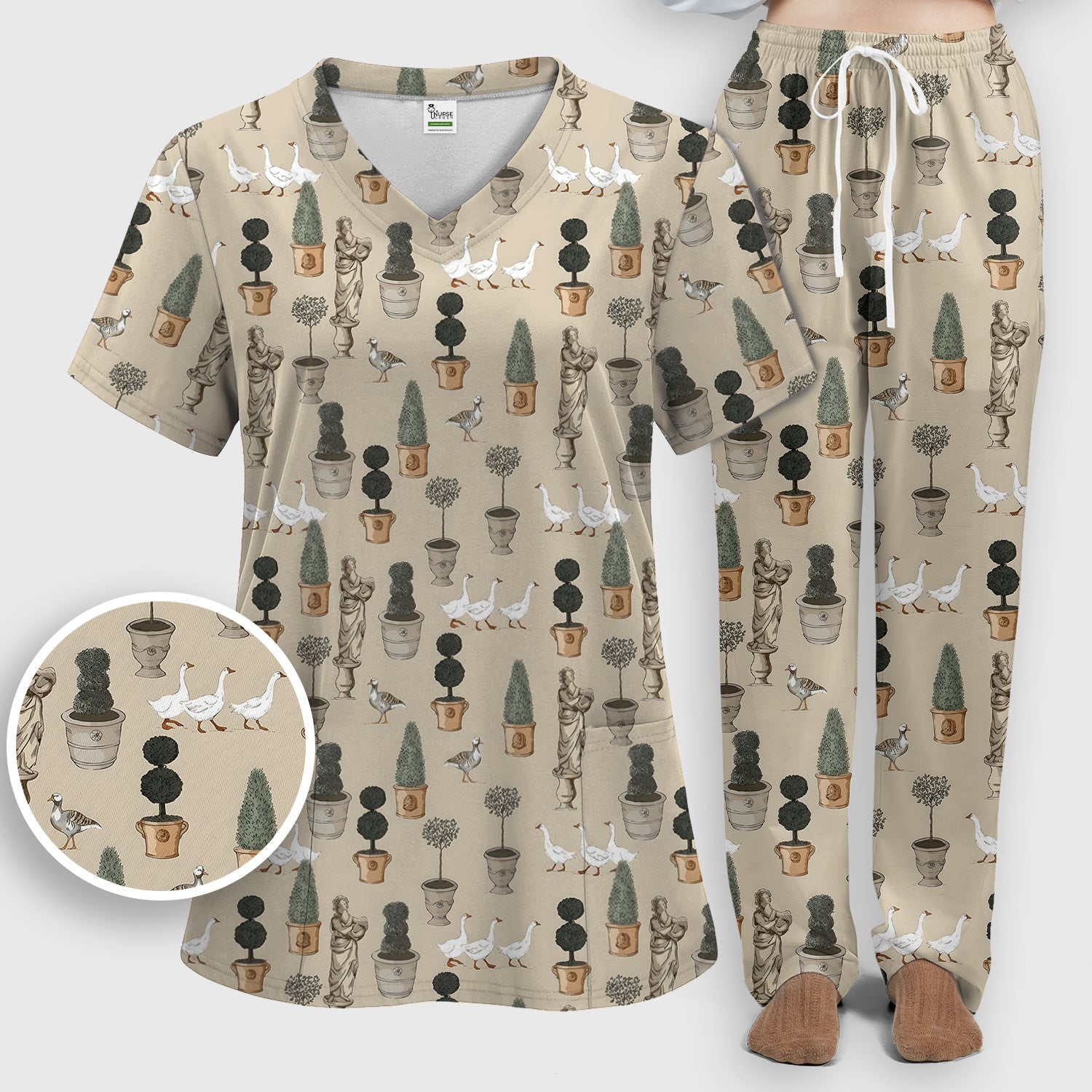 Vintage Garden Statue Topiary Goose Bird Pattern Scrub Set, Scrub Pants and V Neck Top