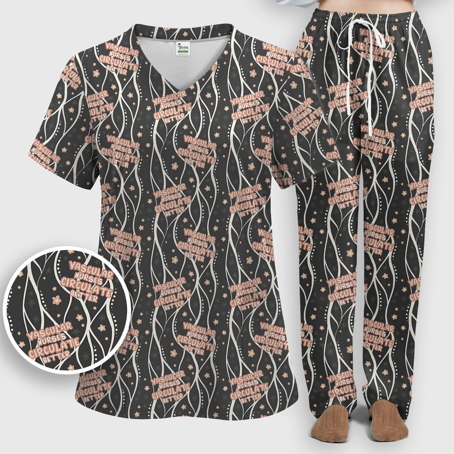 Inspirational Vascular Nurse Circulation Awareness Pattern Scrub Set, Scrub Pants and V Neck Top