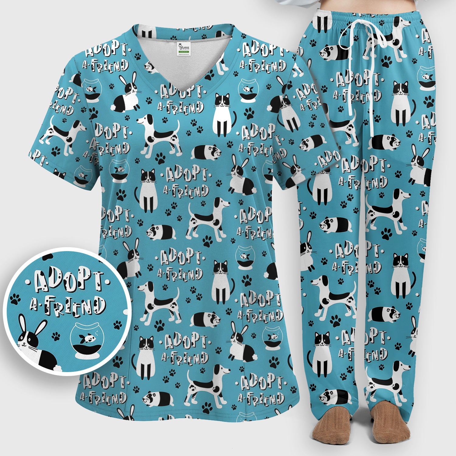 Cute Adopt A Friend Pet Pattern Scrub Set, Scrub Pants and V Neck Top