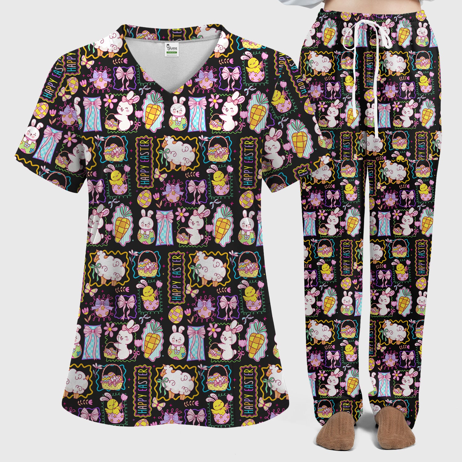 Cute Easter Bunny Egg and Bow Print Scrub Set, Scrub Pants and V Neck Top