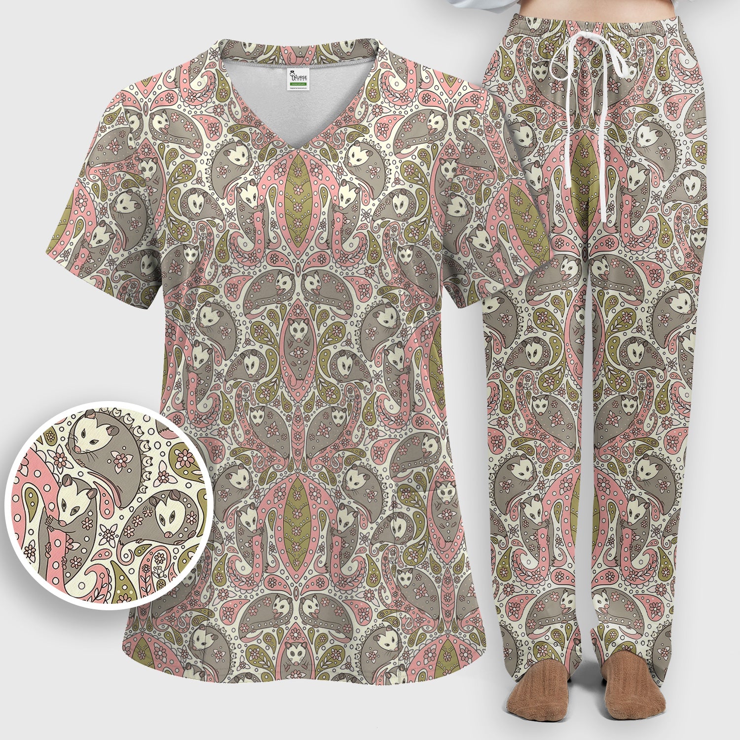 Opossum Paisley Pattern Scrub Set, Scrub Pants and V Neck Top