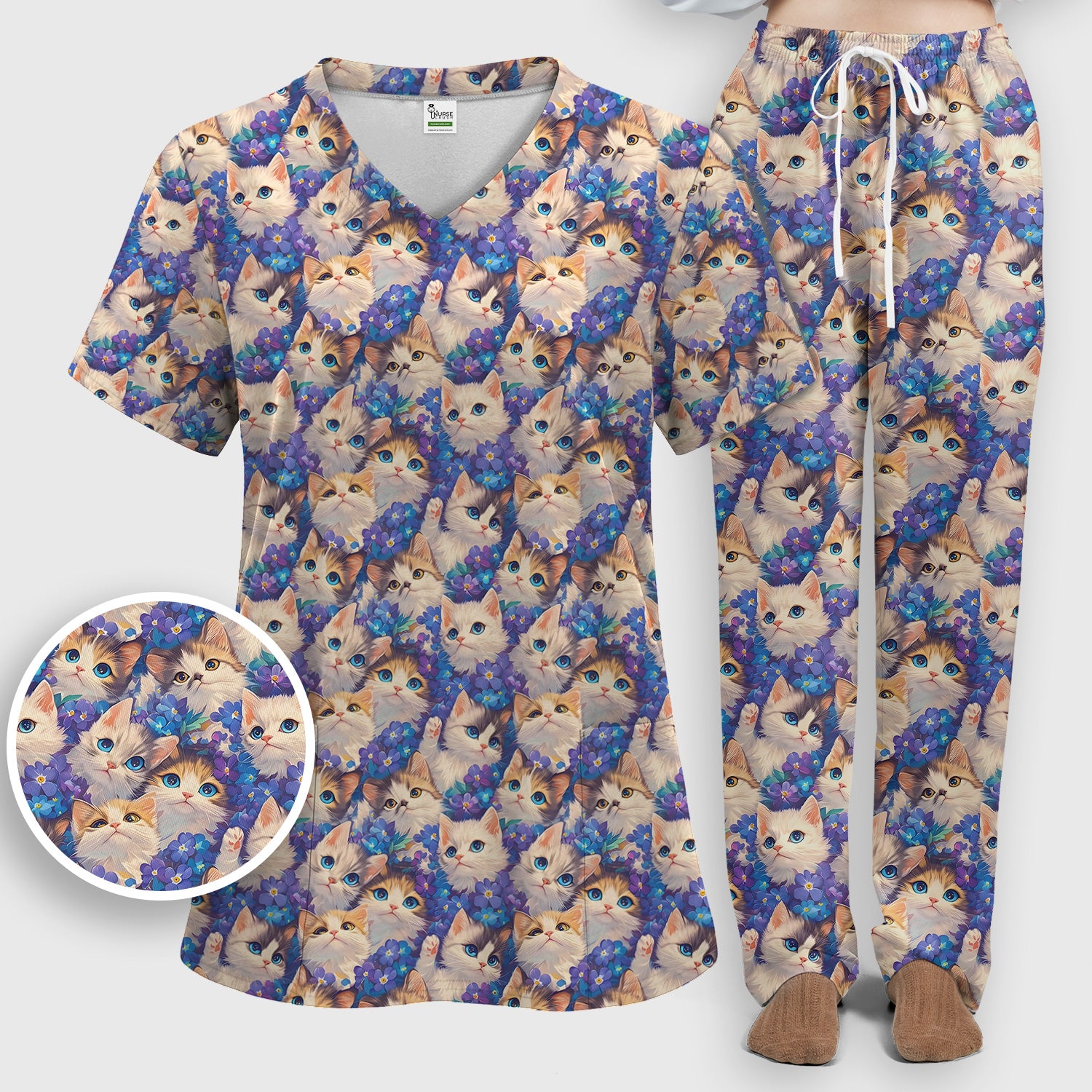 Cute Blue Eyed Kitten Pattern Scrub Set, Scrub Pants and V Neck Top