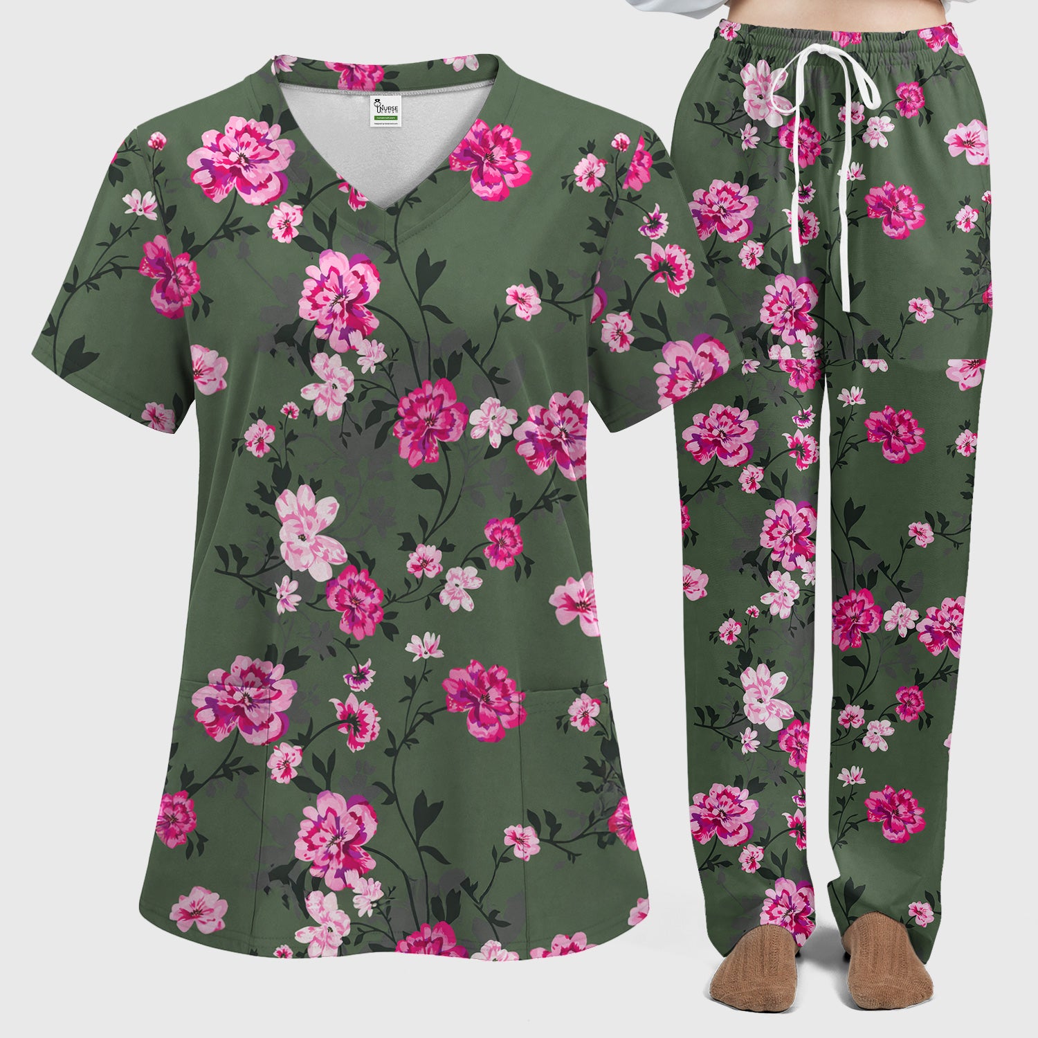 Pink Floral Blossom Pattern Scrub Set,  Scrub Pants and V Neck Top