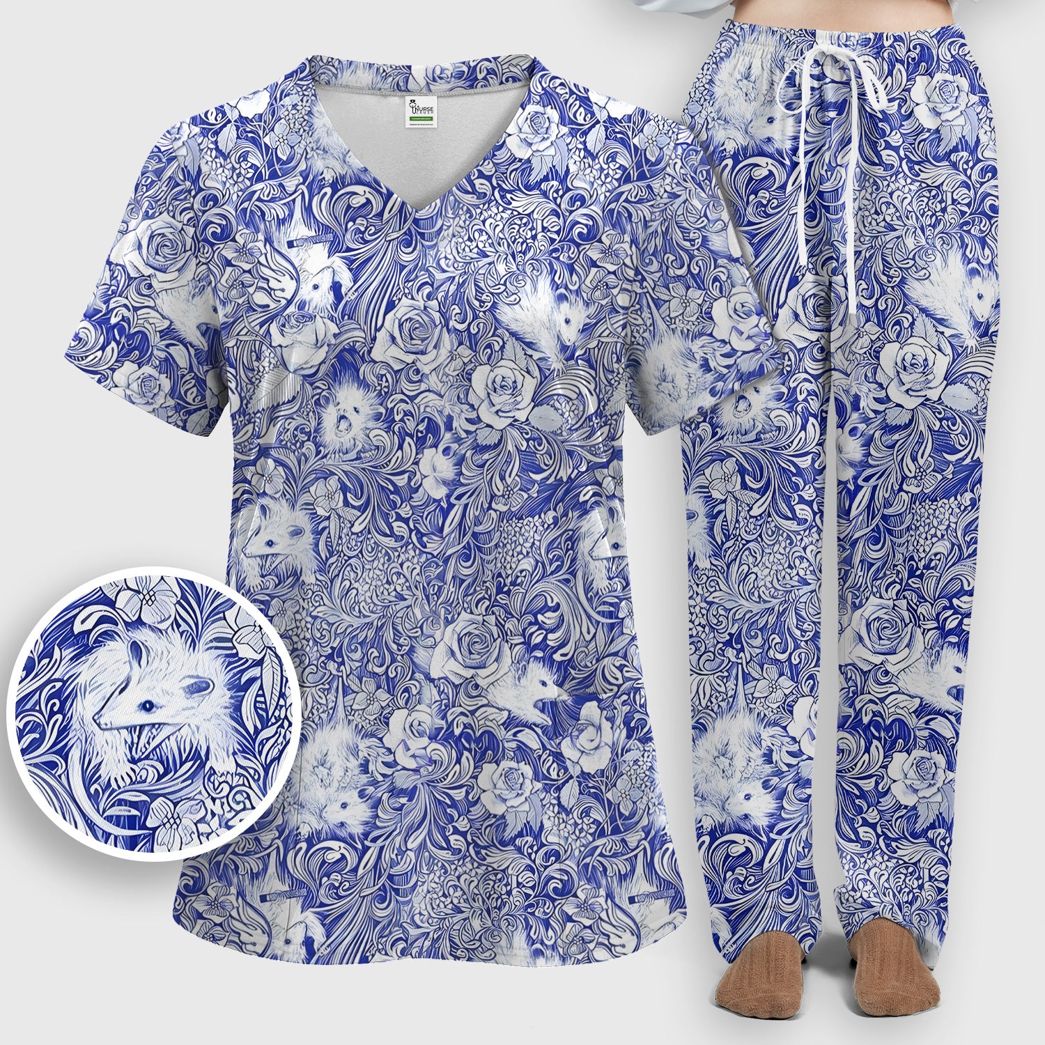 Blue Toile Porcupine Floral Pattern Scrub Set, Scrub Pants and V Neck Top