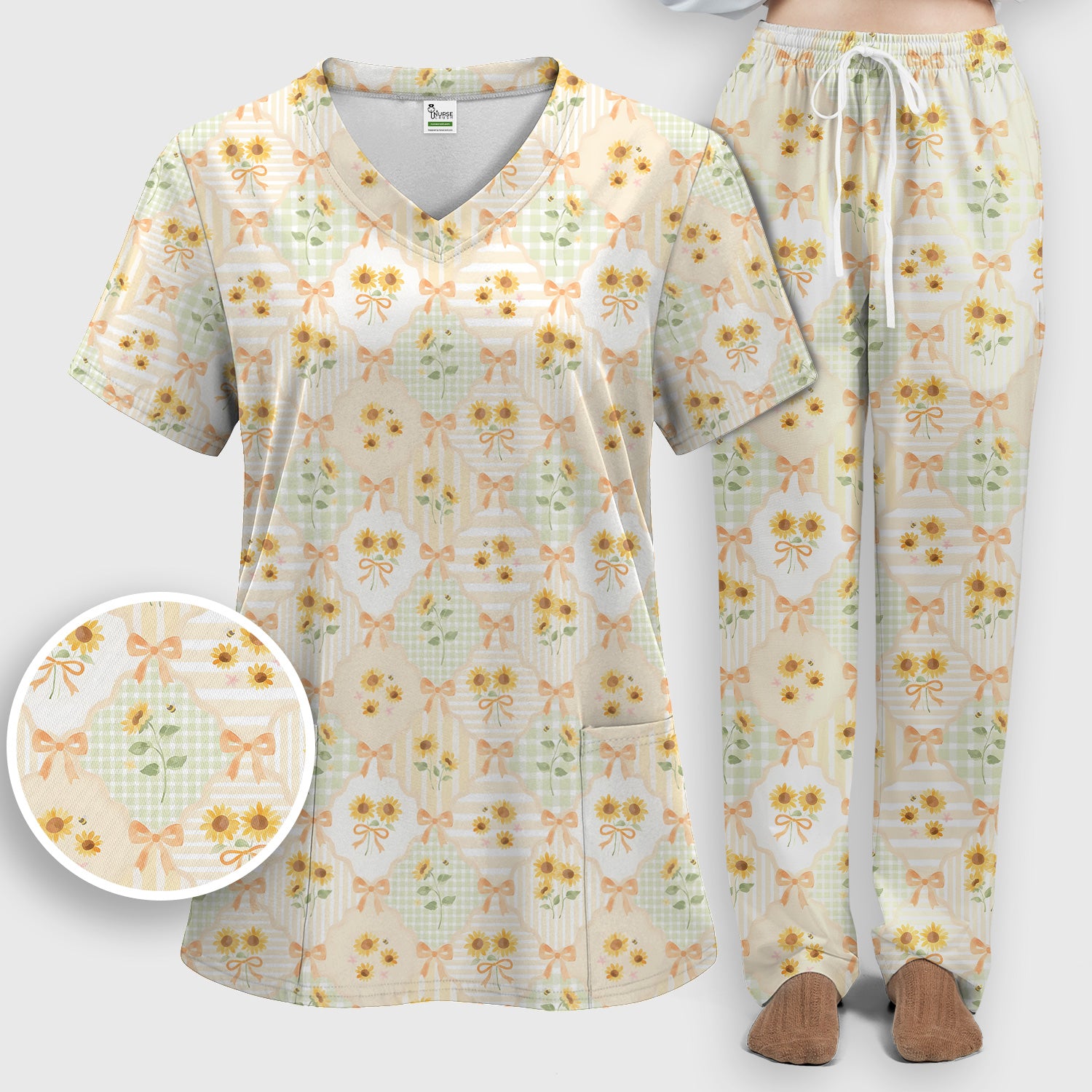 Cute Sunflower Ribbon Patchwork Pattern Scrub Set, Scrub Pants and V Neck Top