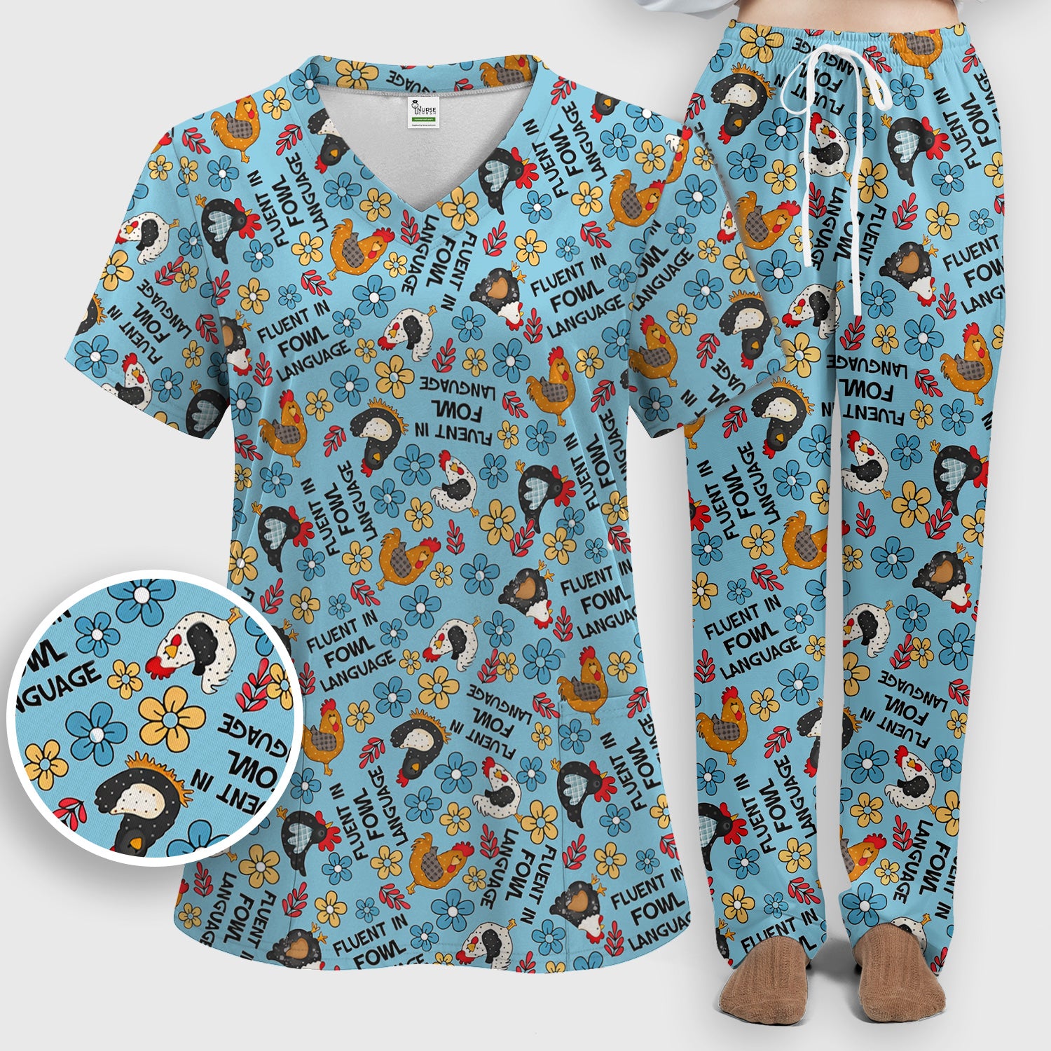Funny Chicken Fluent in Fowl Language Pattern Scrub Set, Scrub Pants and V Neck Top
