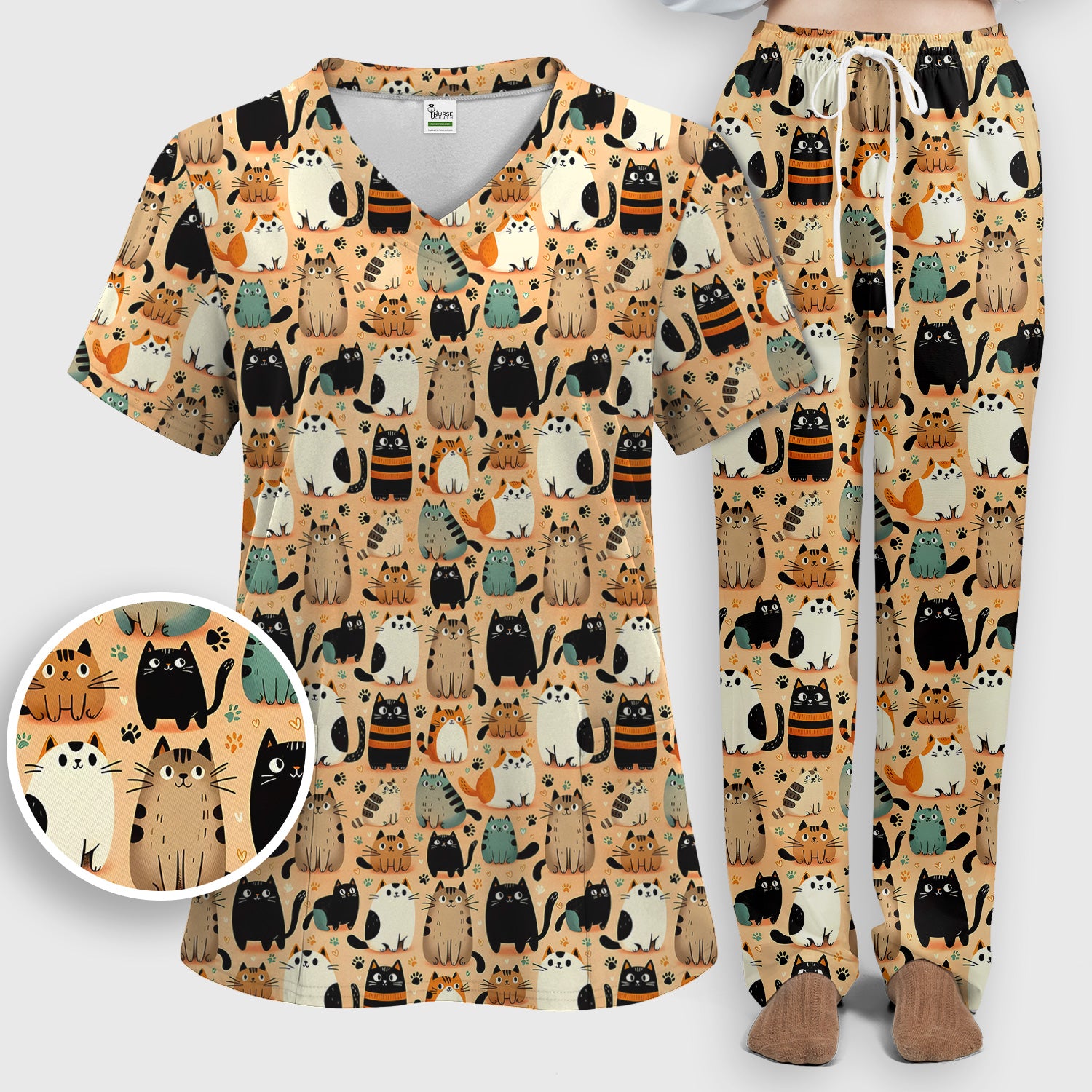 Cat Parade Doodle Pattern Scrub Set, Women's Scrub Sets