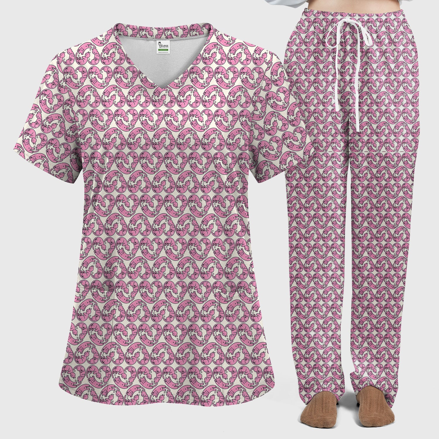 Cute Pink Cat Cartoon All Over Print Set, Women’s Scrub Sets