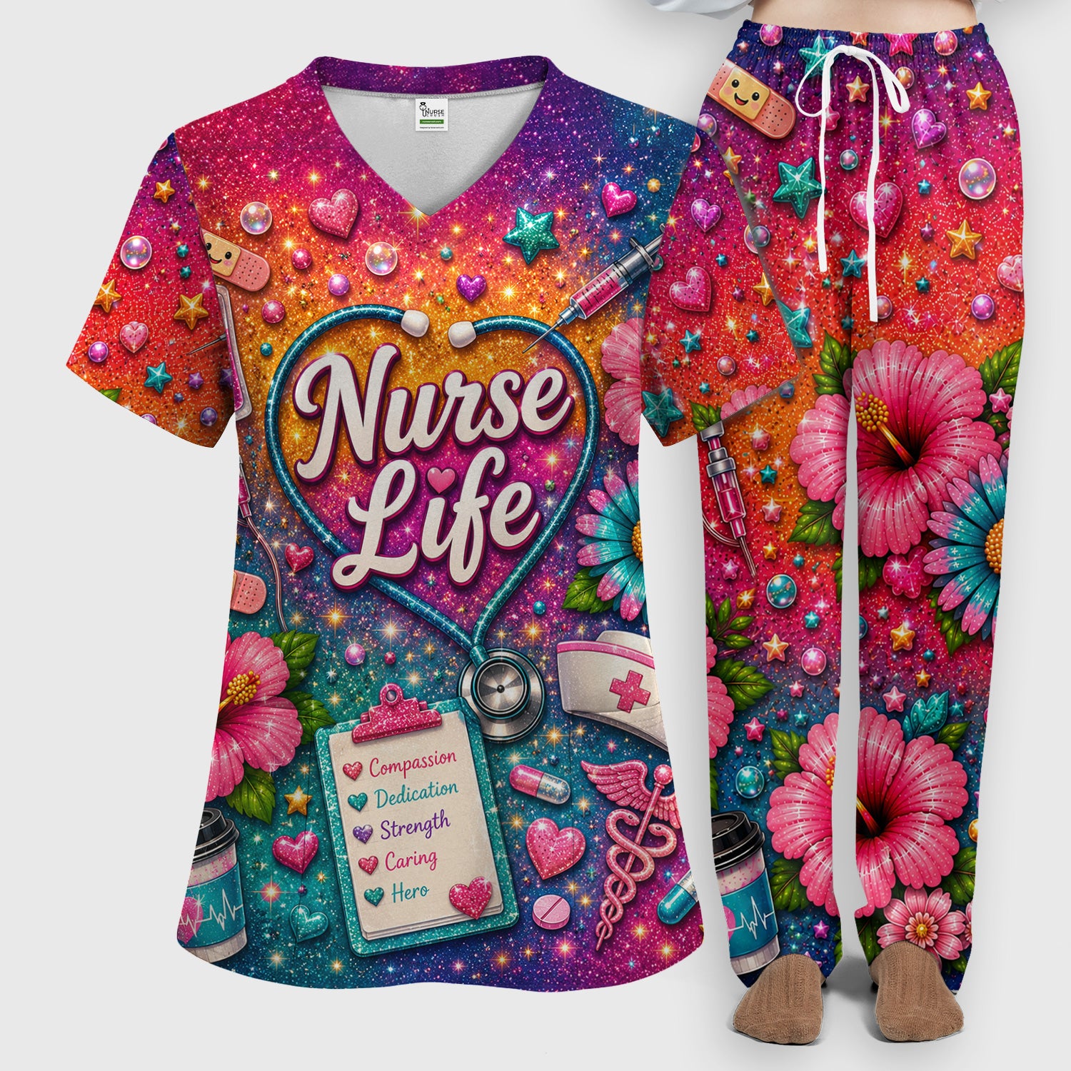 Colorful Nurse Life Heart Pattern Scrub Set, Scrub Pants and V Neck Top
