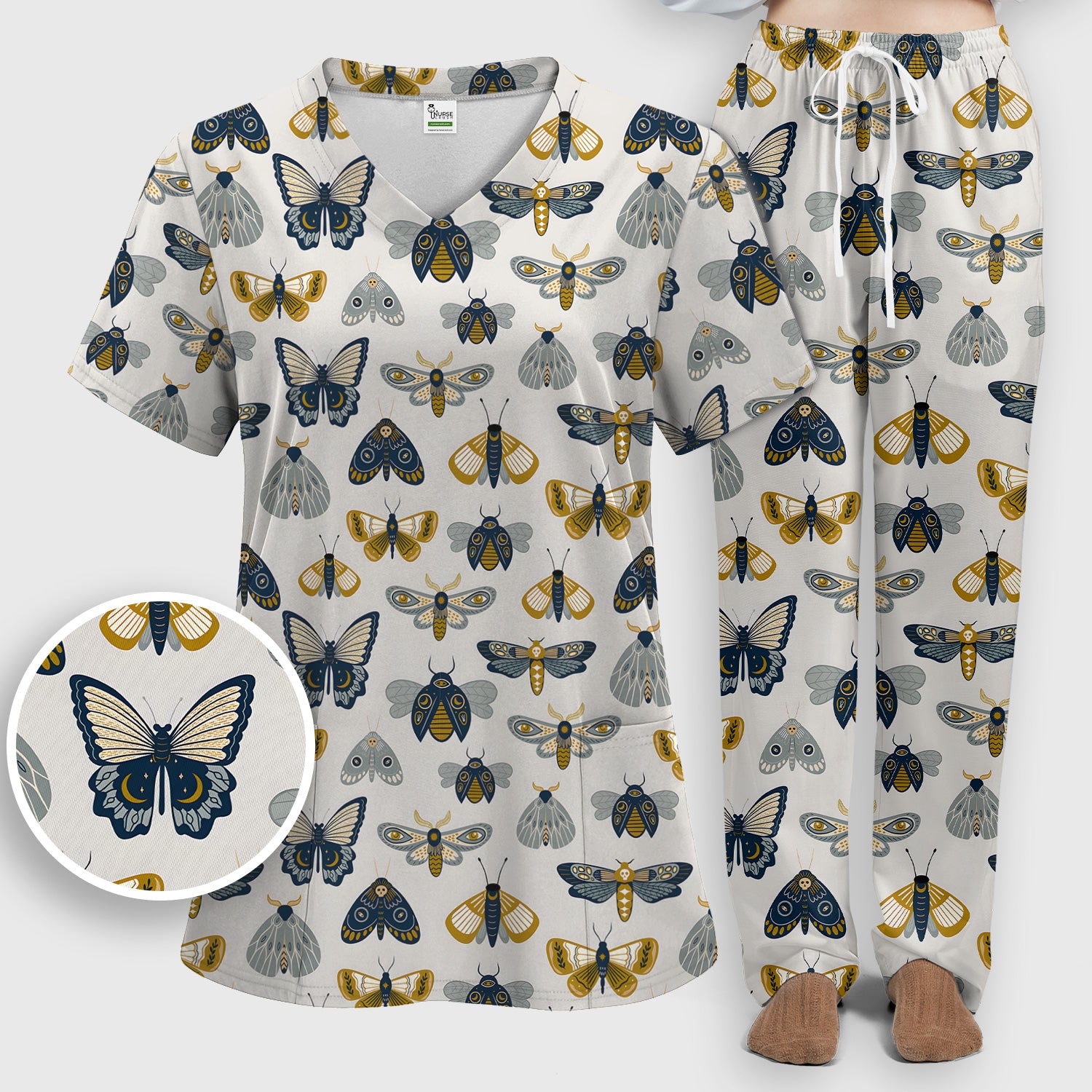 Cute Butterfly Moth Insect Pattern Scrub Set, Scrub Pants and V Neck Top