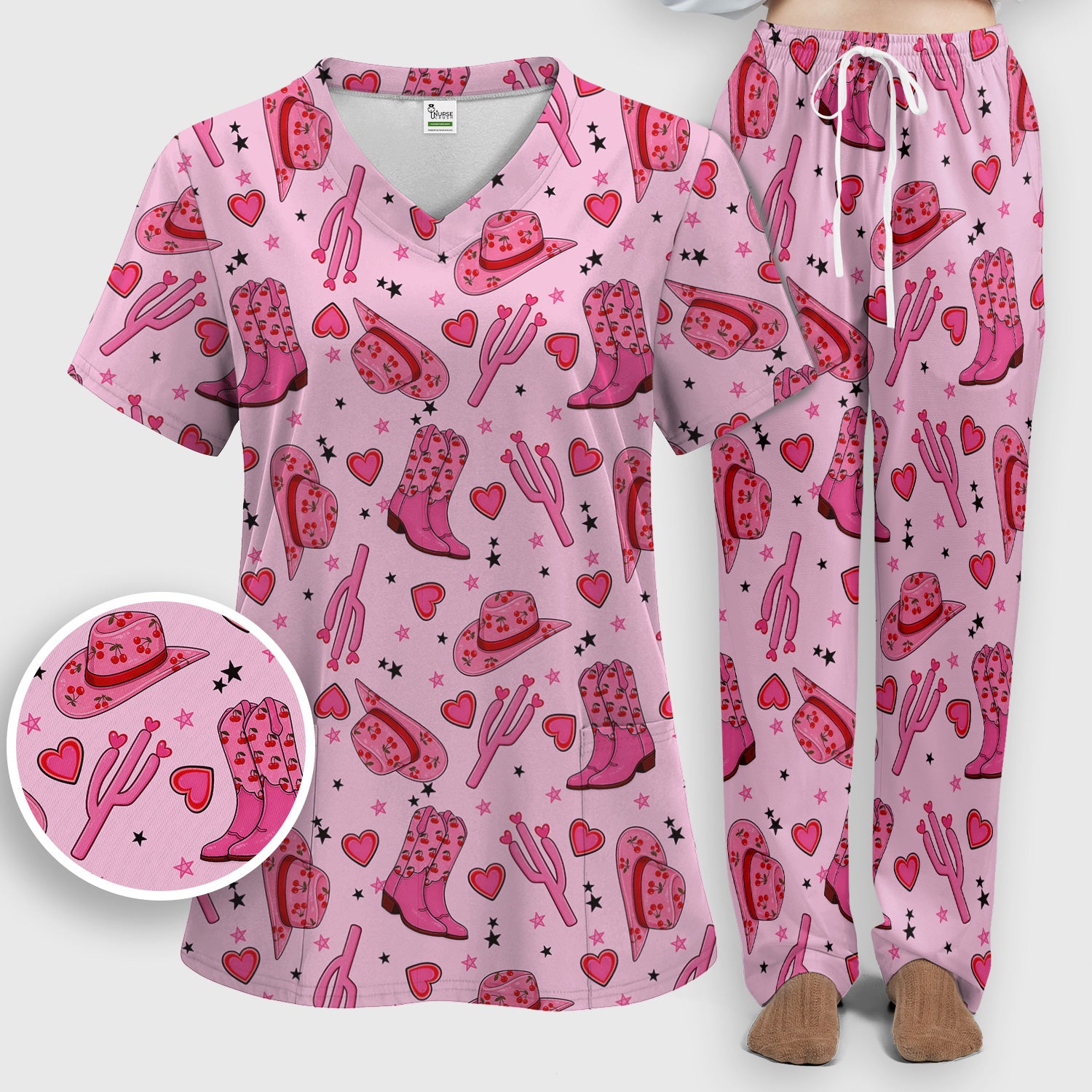 Pink Cowgirl Western Boots Hat Pattern Scrub Set, Scrub Pants and V Neck Top