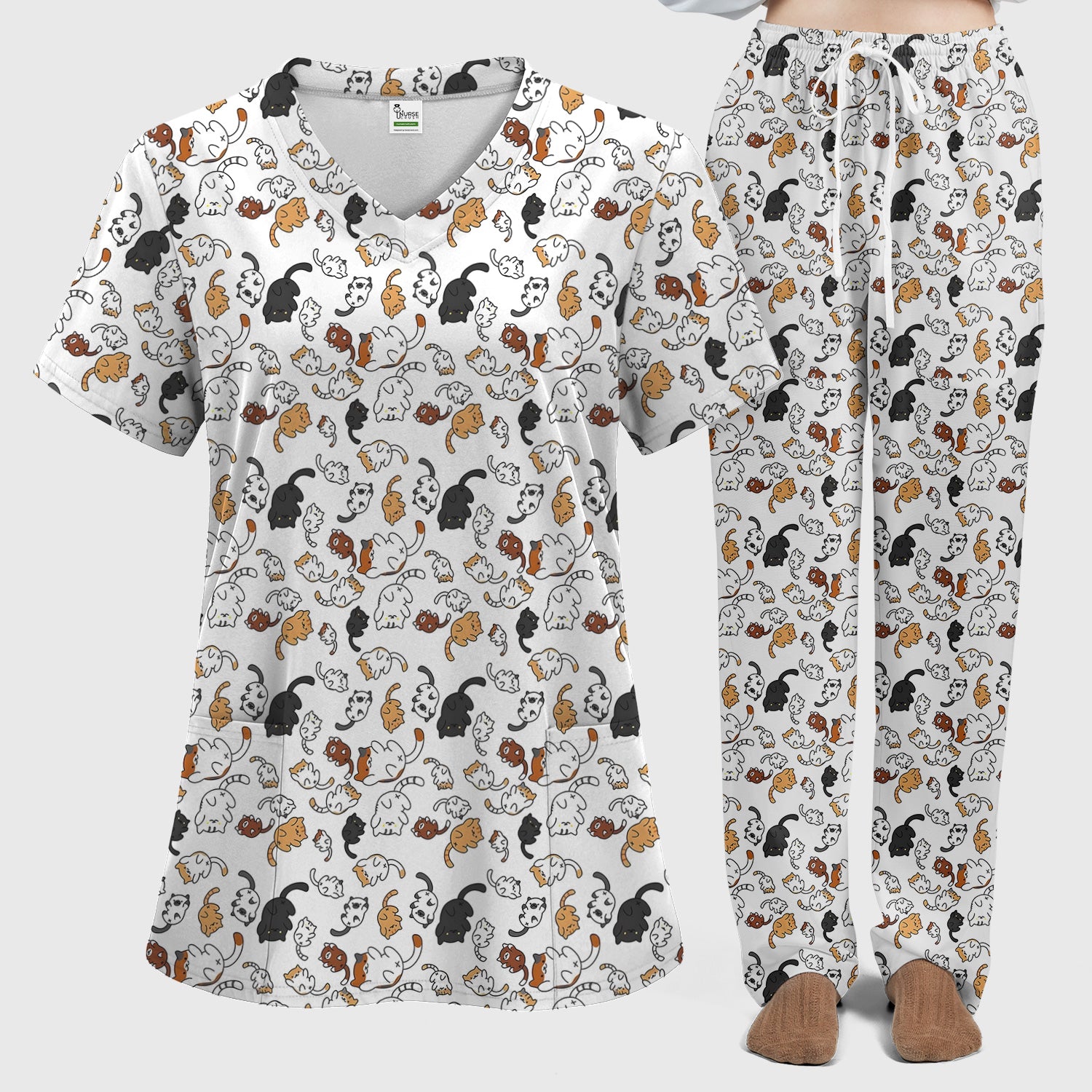 Funny Cat Scrub Set, Cute Cat Pattern Nurse Shirt For Women, Breathable Fabrics Nursing Uniform