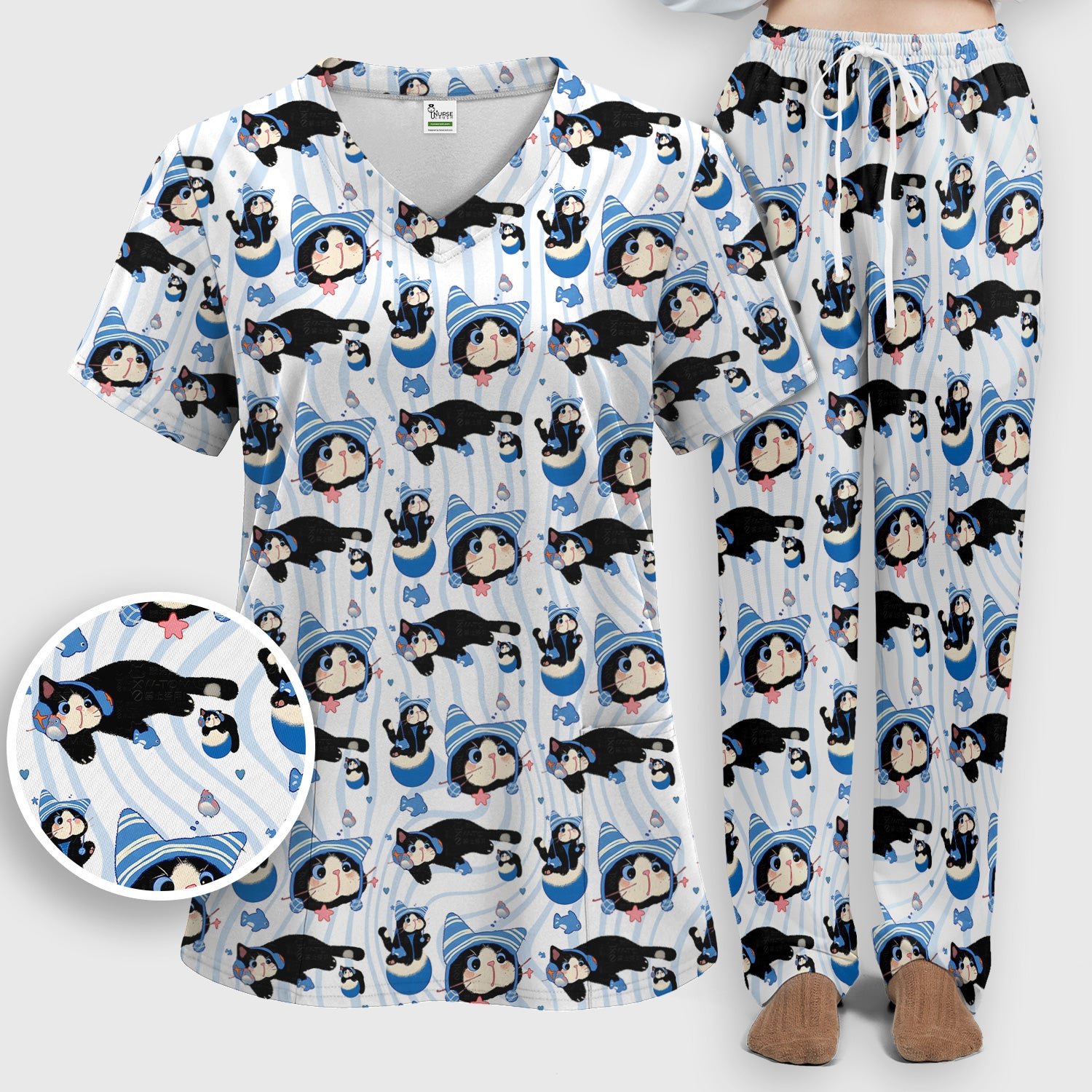 Charming Kitten Fish Pattern Scrub Set, Scrub Pants and V Neck Top