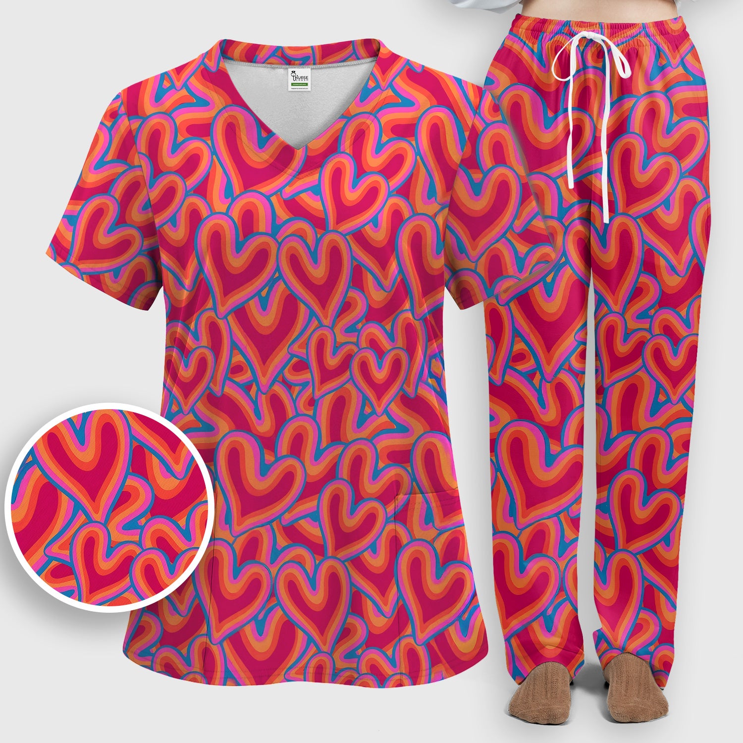 Cute Valentine Nurse Heart Pattern Scrub Set, Scrub Pants and V Neck Top