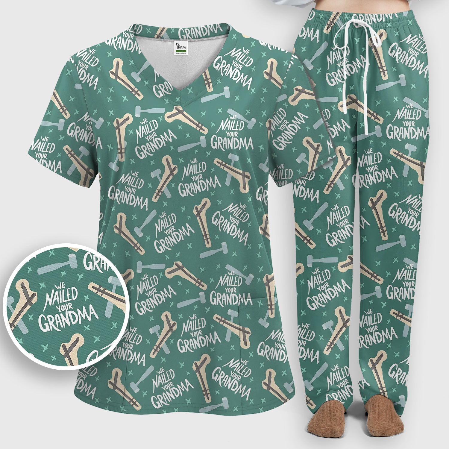 Funny Orthopedic Bone Hammer We Nailed Your Grandma Pattern Scrub Set, Scrub Pants and V Neck Top