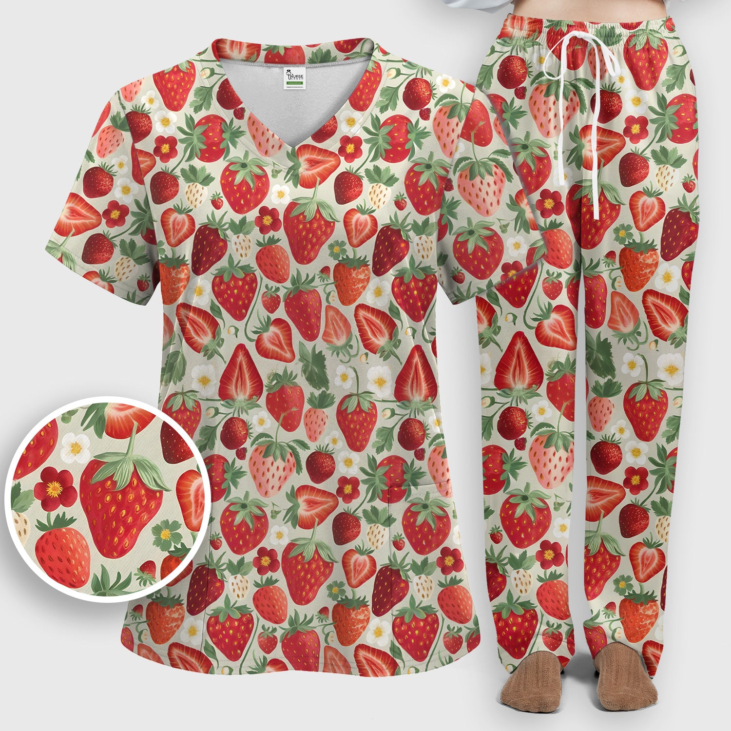 Fresh Strawberry Patter Leaves Scrub Sets, Scrub Pants and V Neck Top