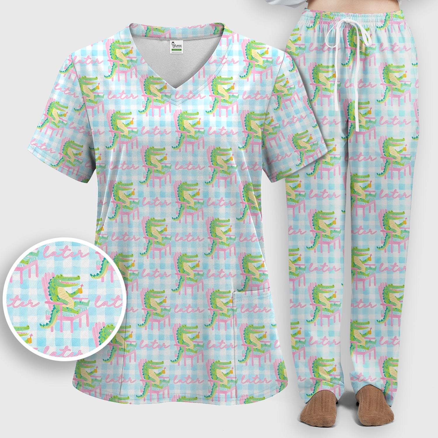 Funny Lazy Crocodile Later Pattern Scrub Set, Scrub Pants and V Neck Top