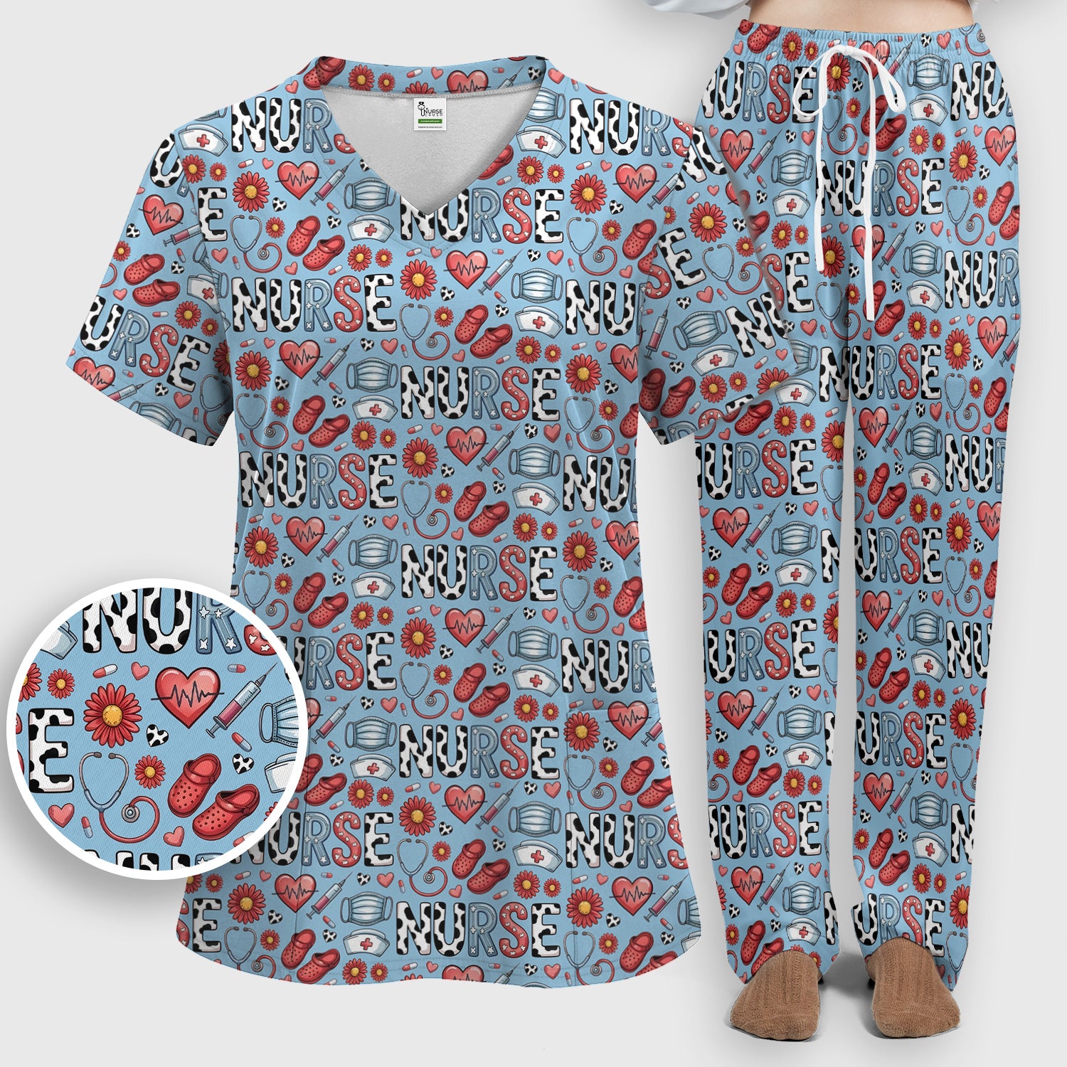 Cute Nurse Medical Icon Pattern Scrub Set, Scrub Pants and V Neck Top