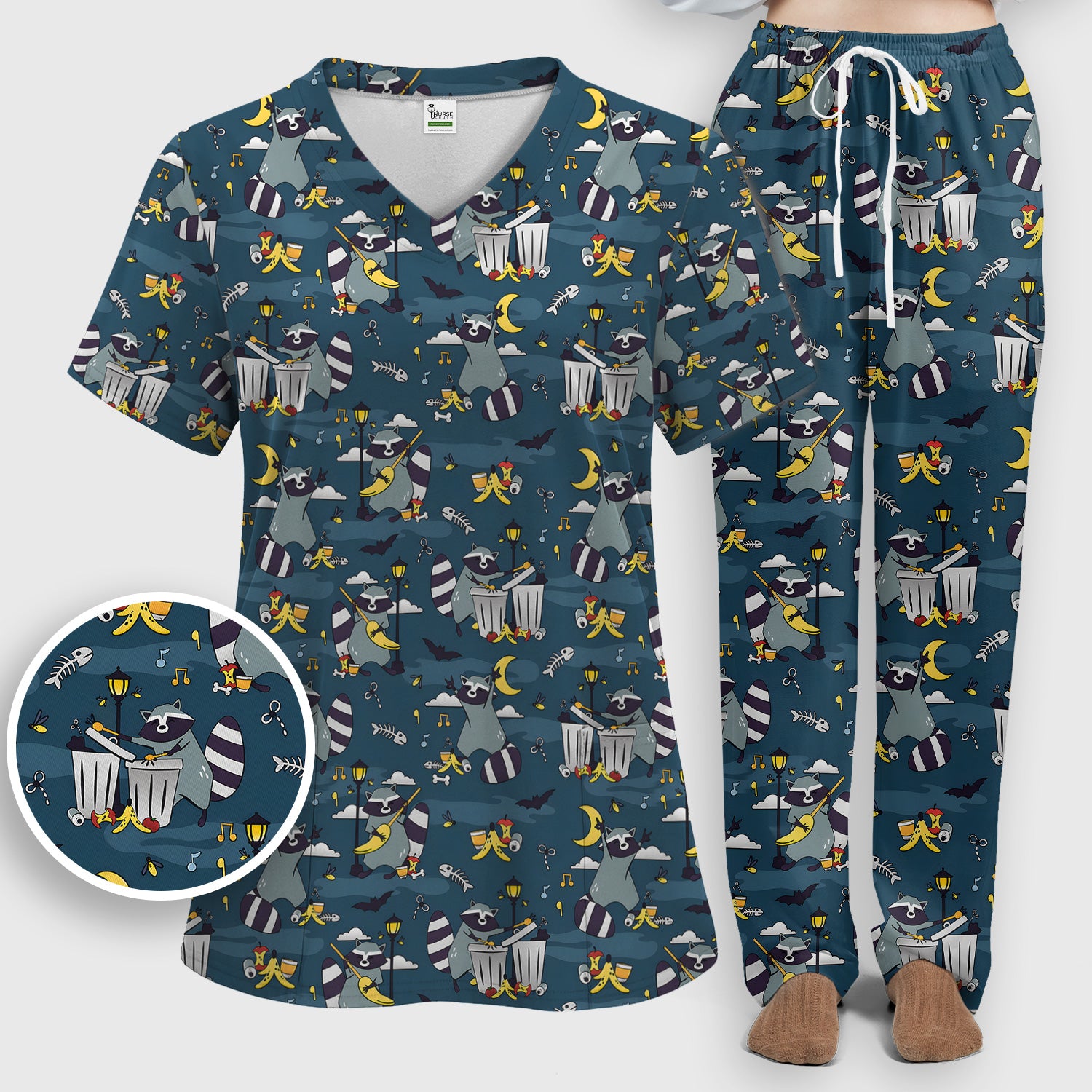 Raccoon Night Trash And Banana Peel Scrub Set, Scrub Pants and V Neck Top