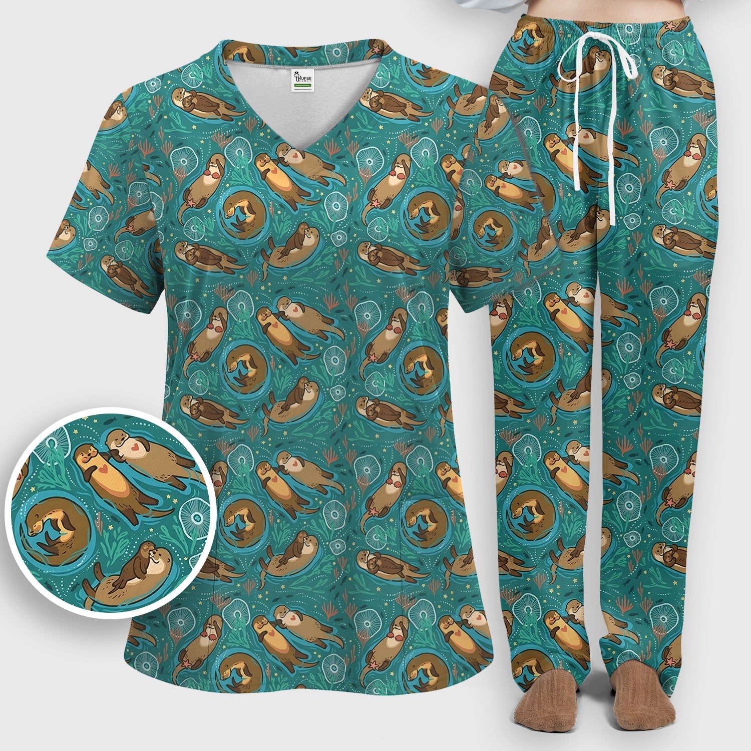 Sea Otter Floating Ocean Pattern Scrub Set, Scrub Pants and V Neck Top